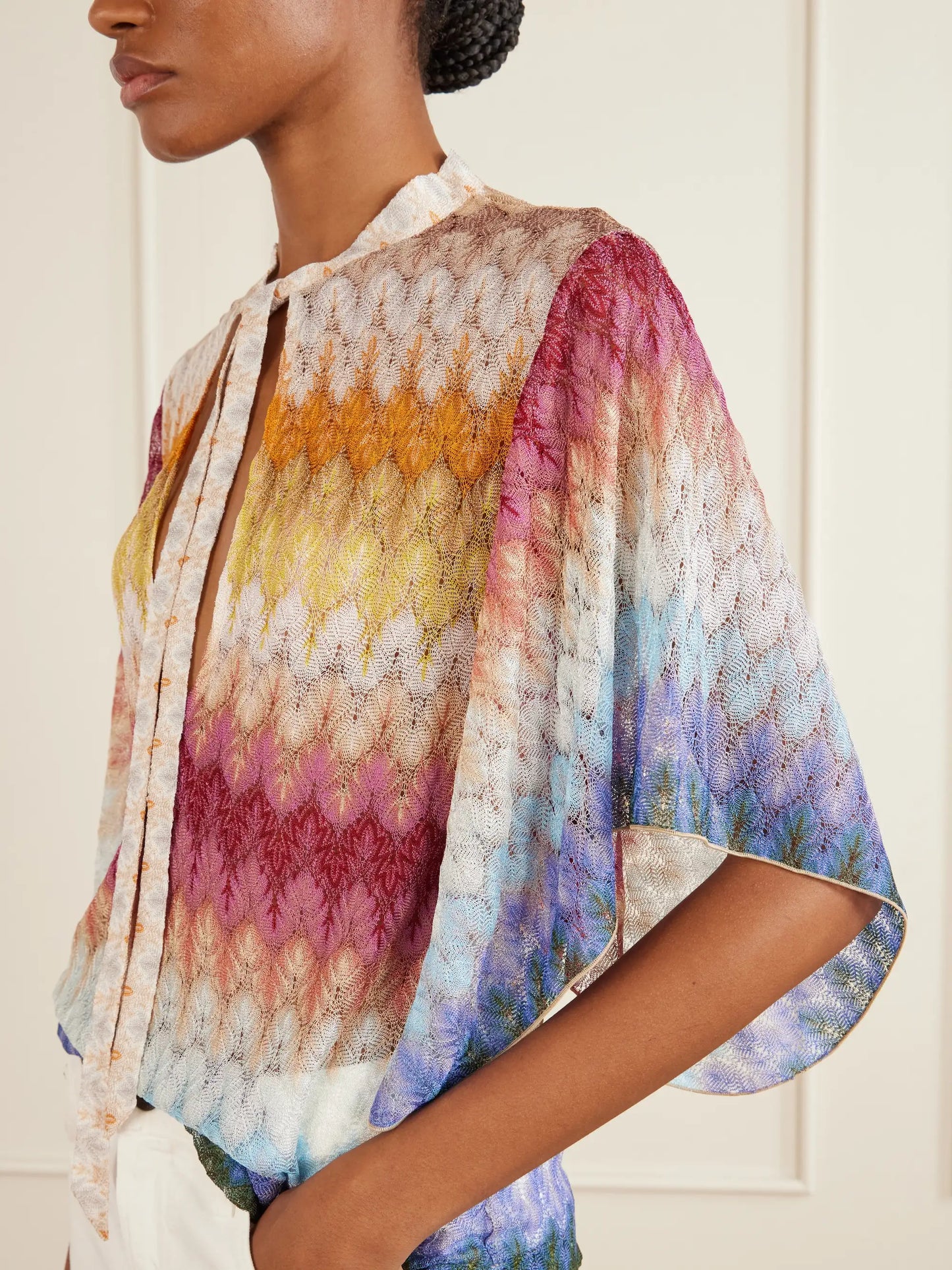 Tie-detailed Striped Crochet-knit Blouse