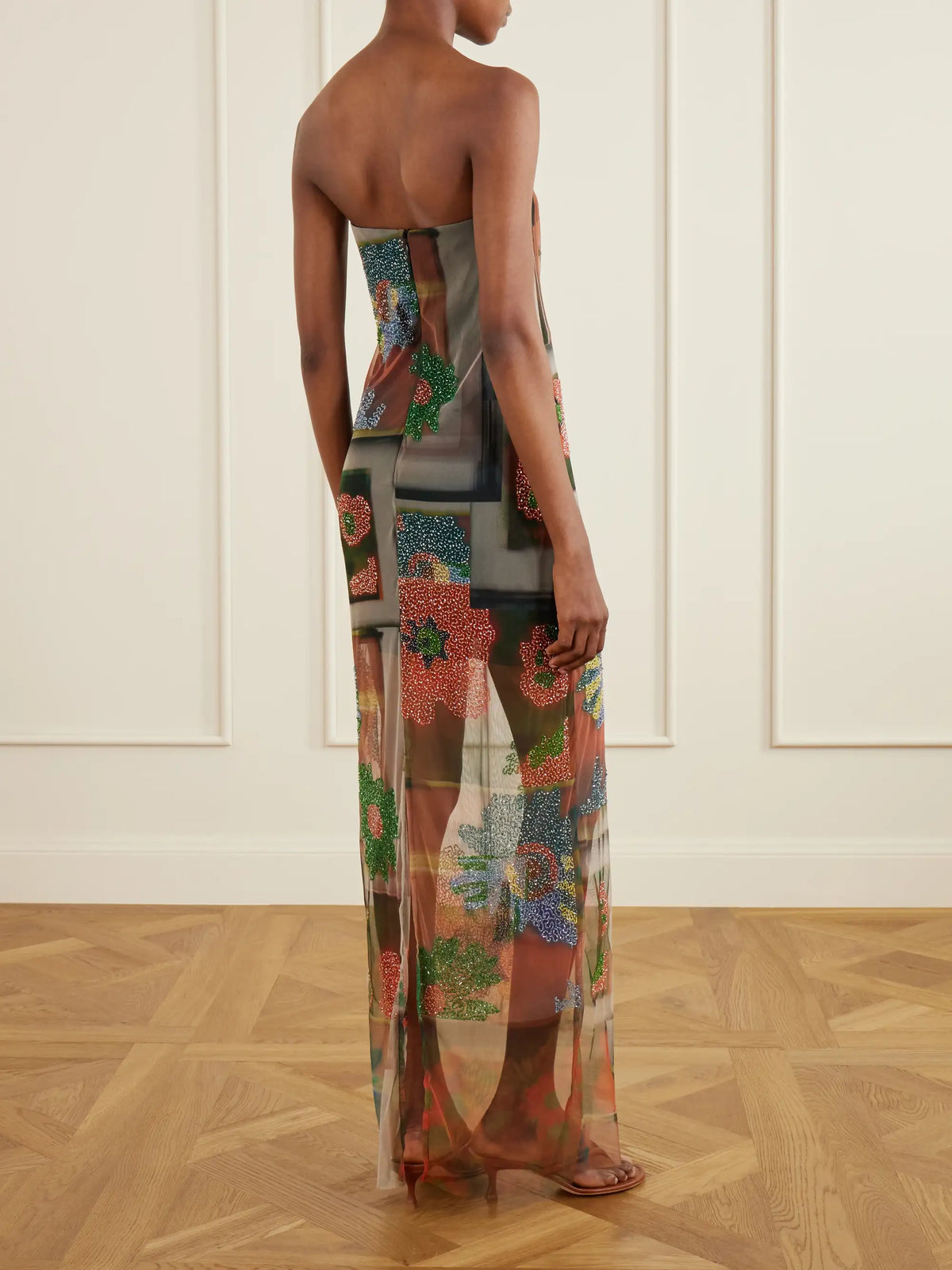 Liliana Beaded Printed Tulle Maxi Dress
