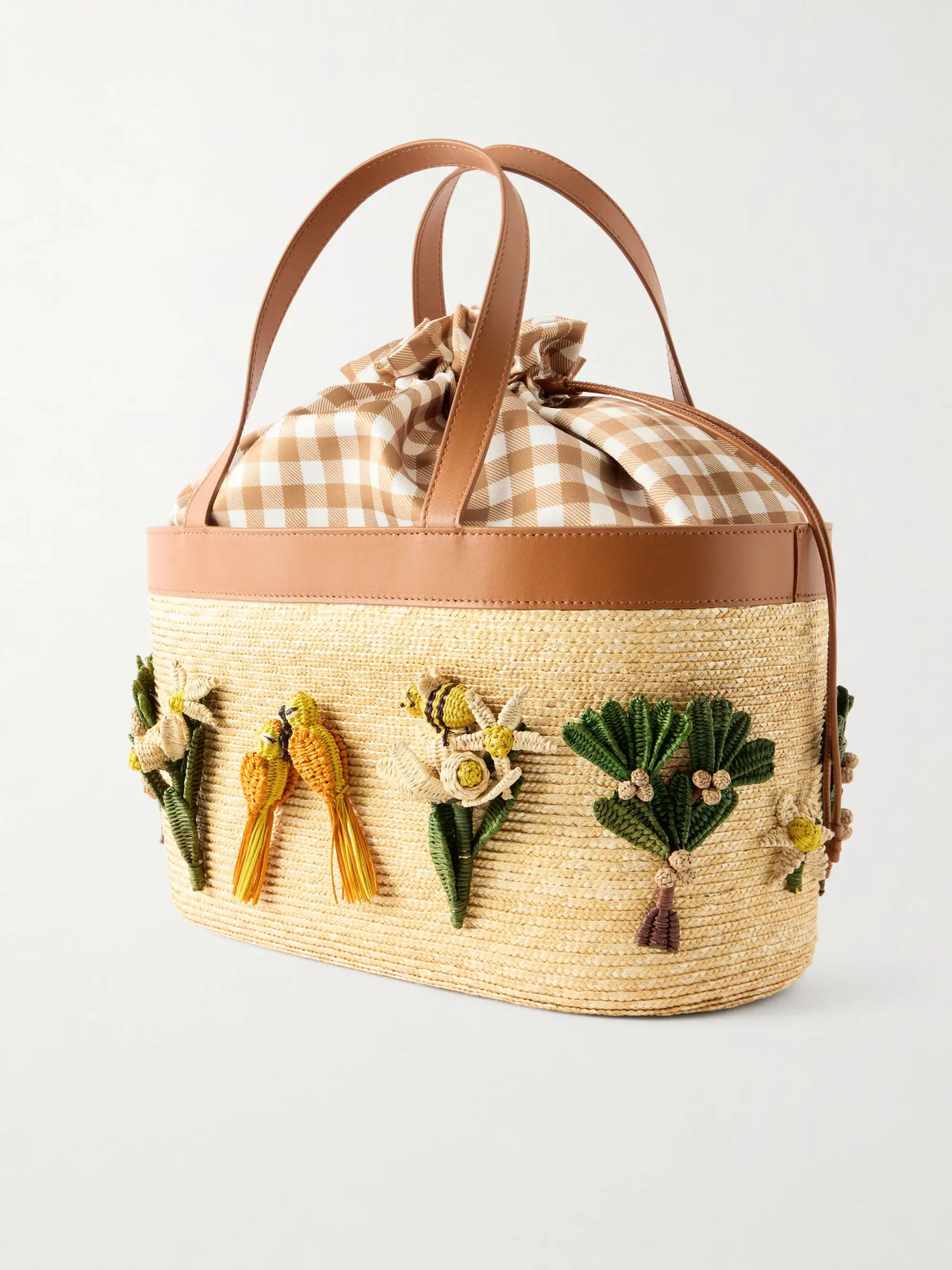 Birdsong Appliquéd Leather-trimmed Raffia Tote