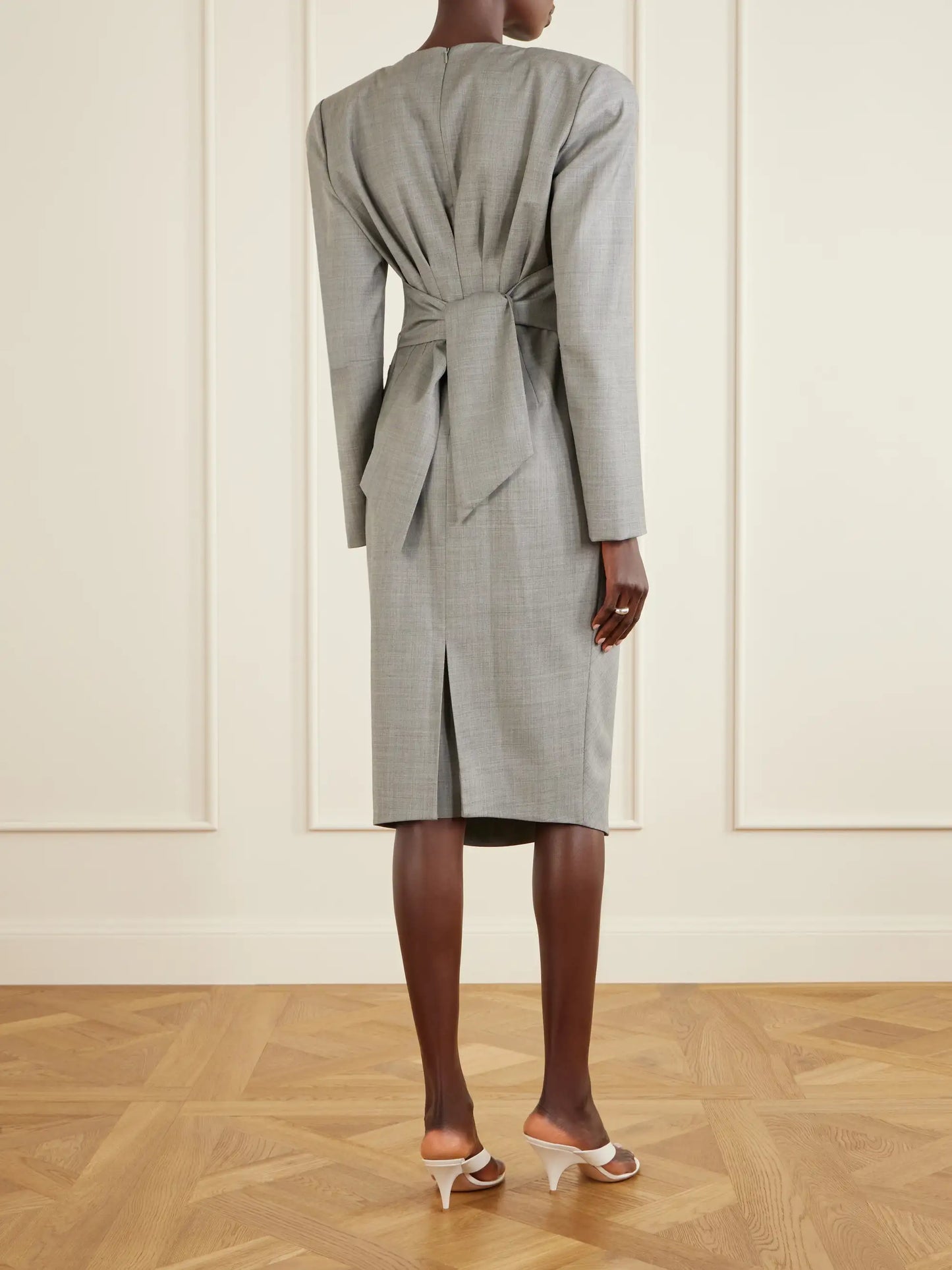 Tie-detailed Gathered Padded Wool-blend Midi Dress