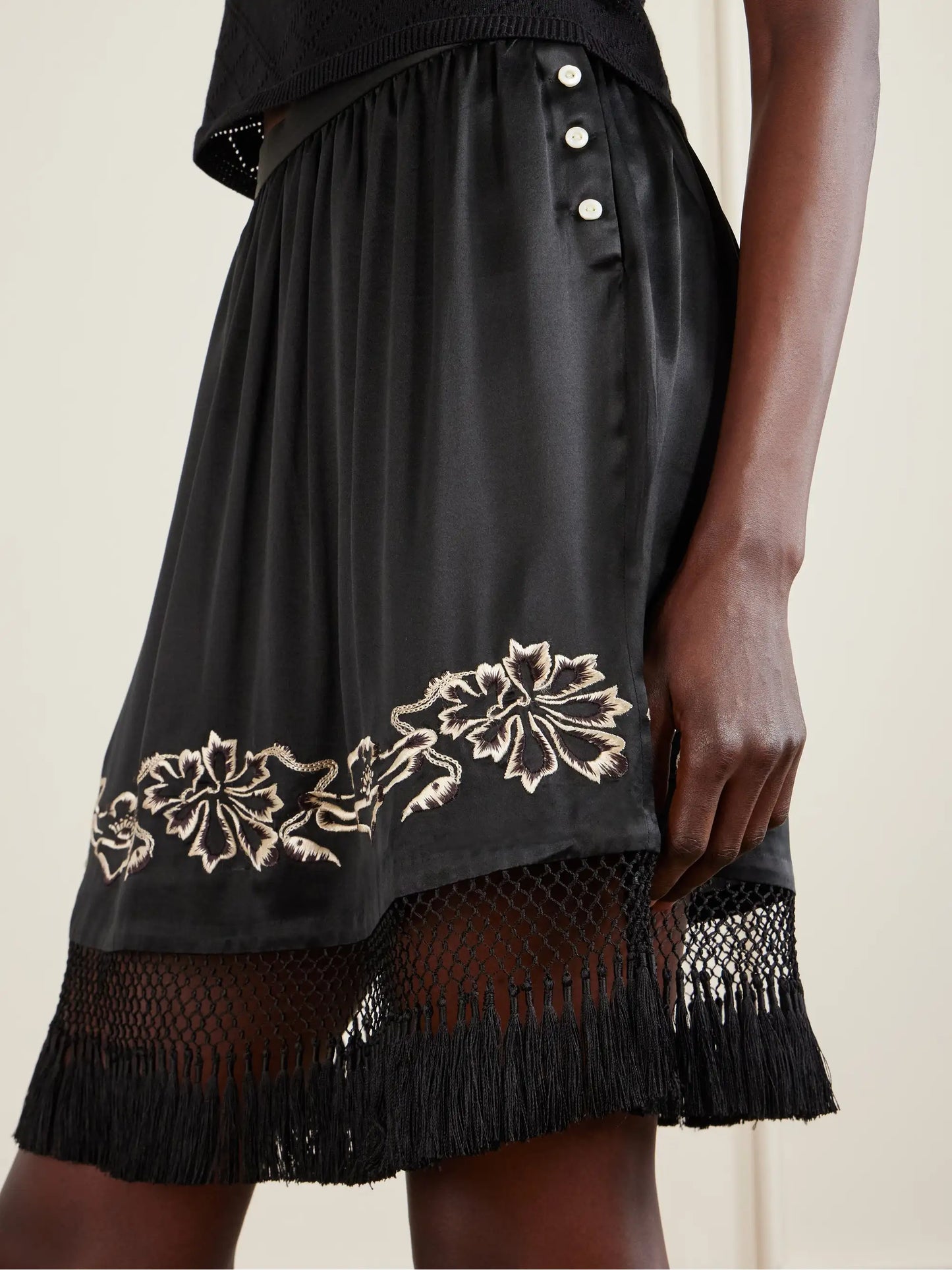 Phantasm Fringed Embroidered Silk-satin Mini Skirt