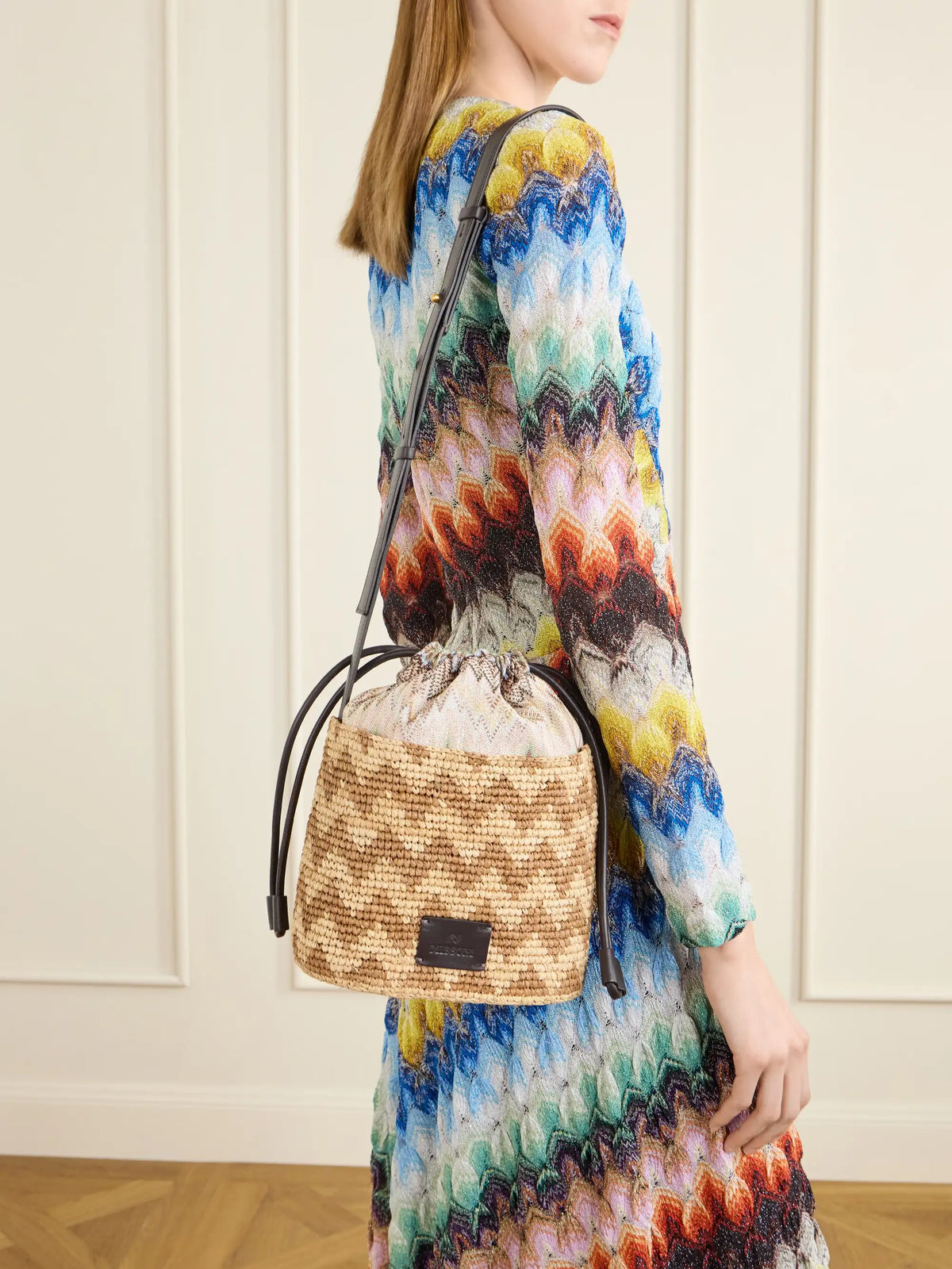 Small Striped Leather-trimmed Raffia Bucket Bag