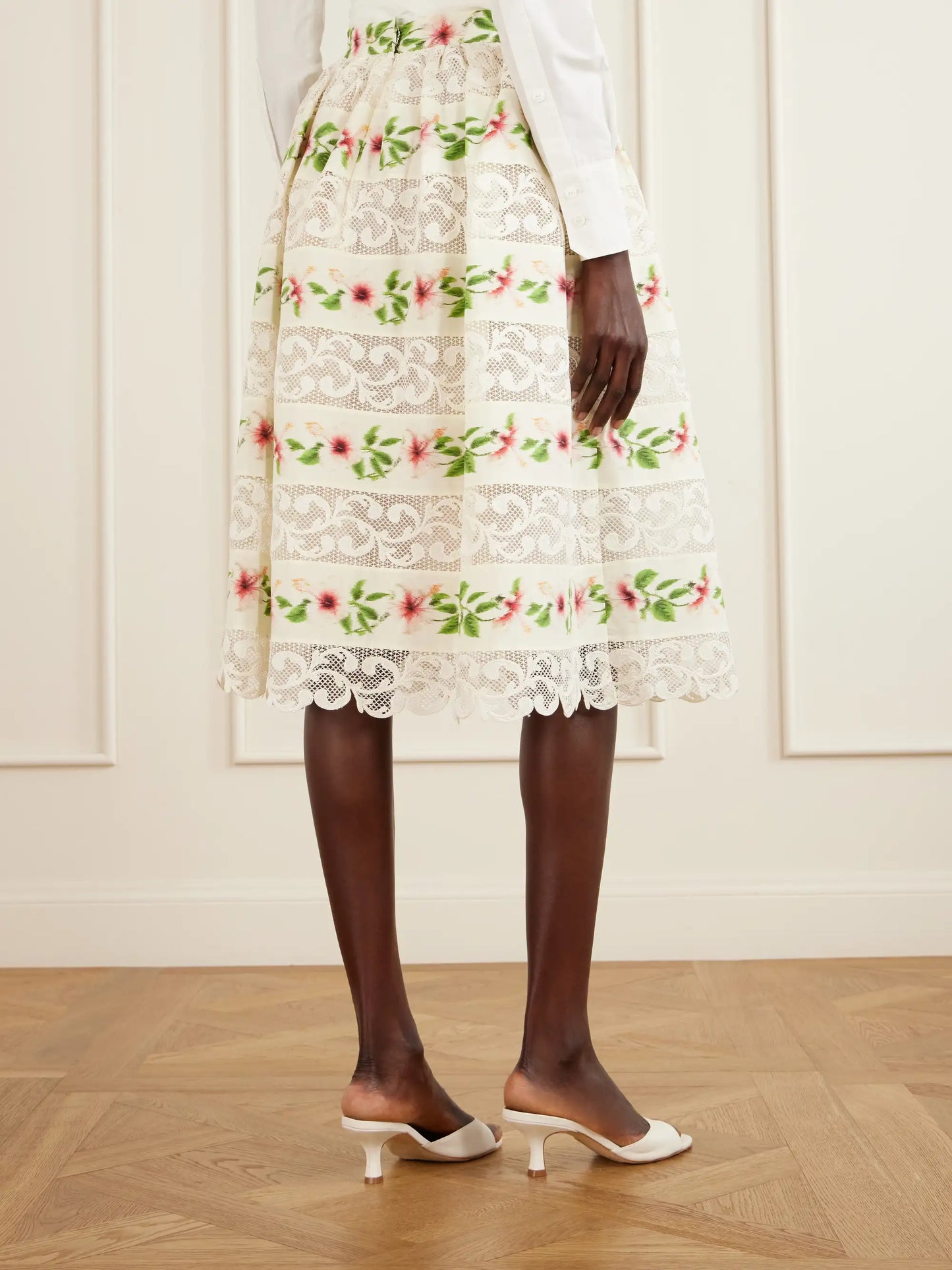 Floral-print Lace-trimmed Cotton-blend Midi Skirt