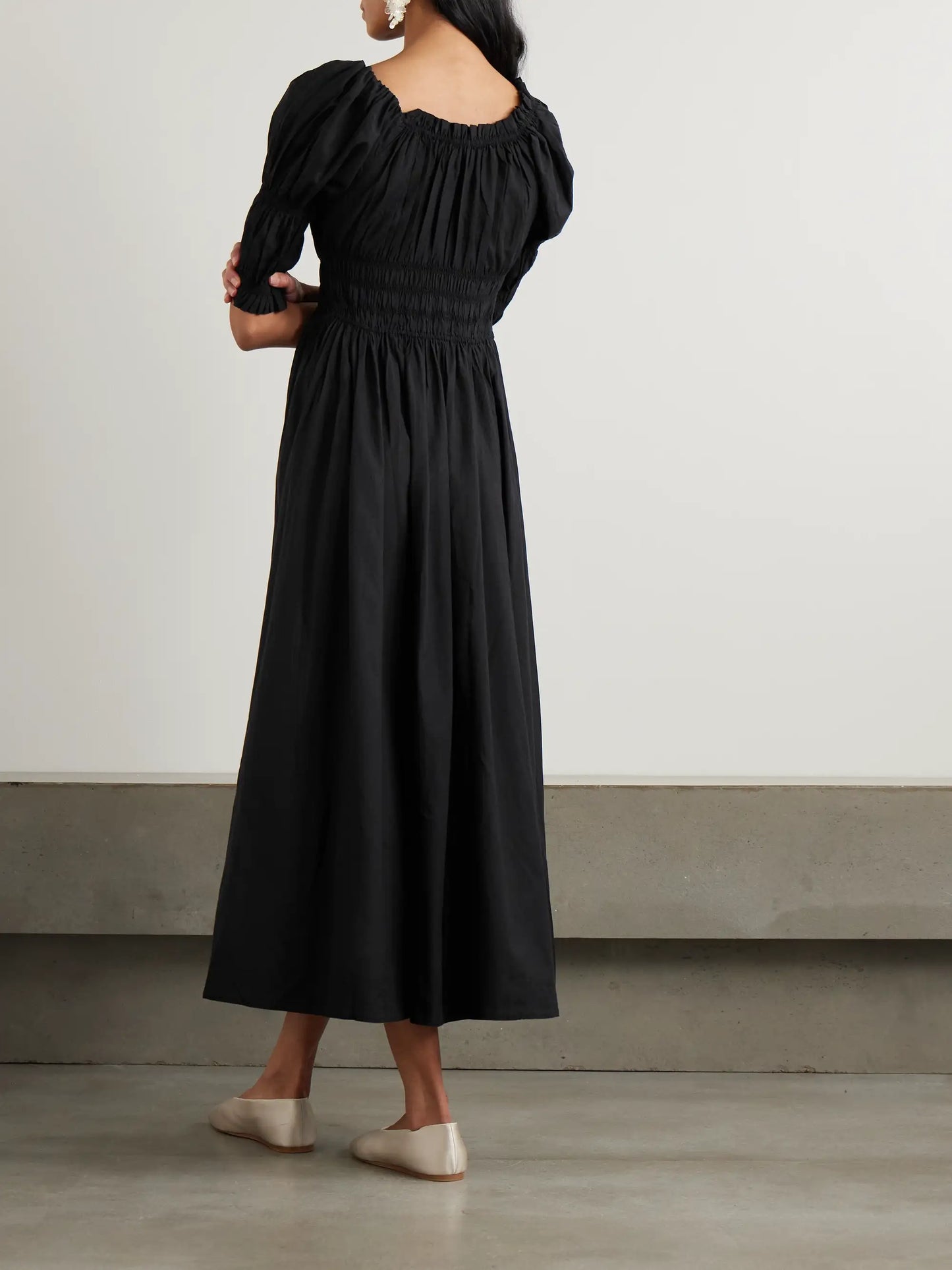 Ischia Shirred Organic Cotton-voile Midi Dress
