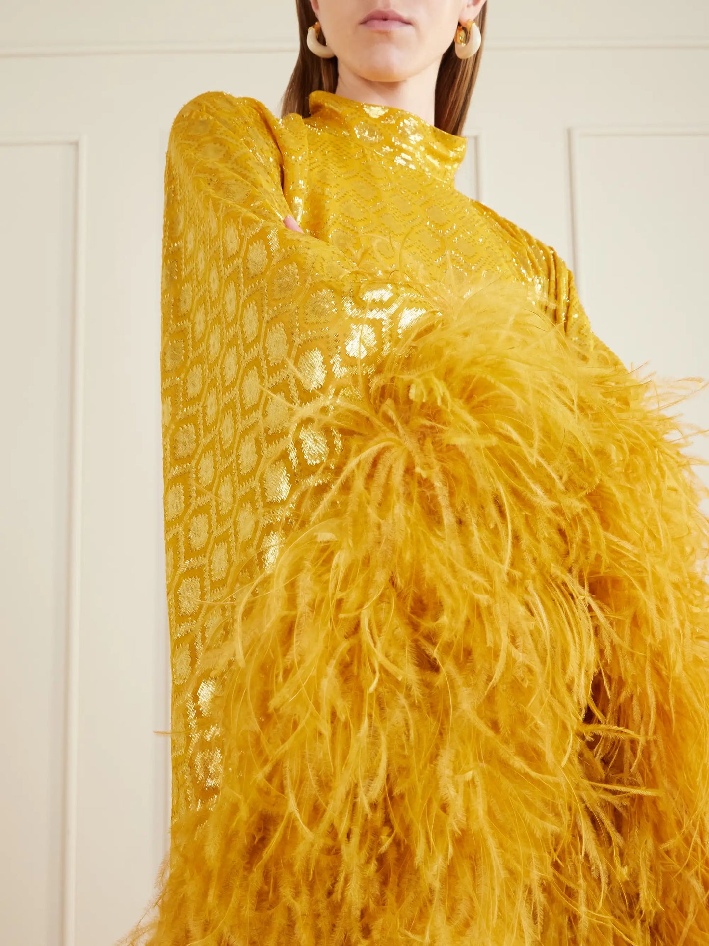 Casta Diva Feather-trimmed Jacquard-knit Metallic Fil Coupé Silk-blend Gown
