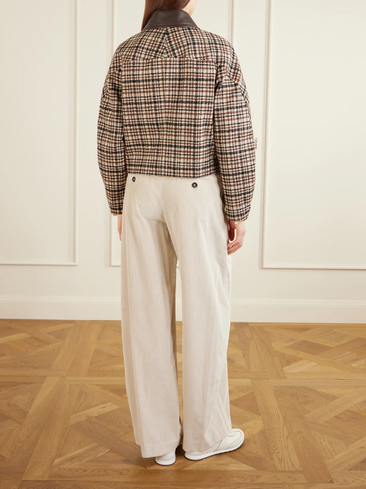 Checked Leather-trimmed Wool-blend Jacket