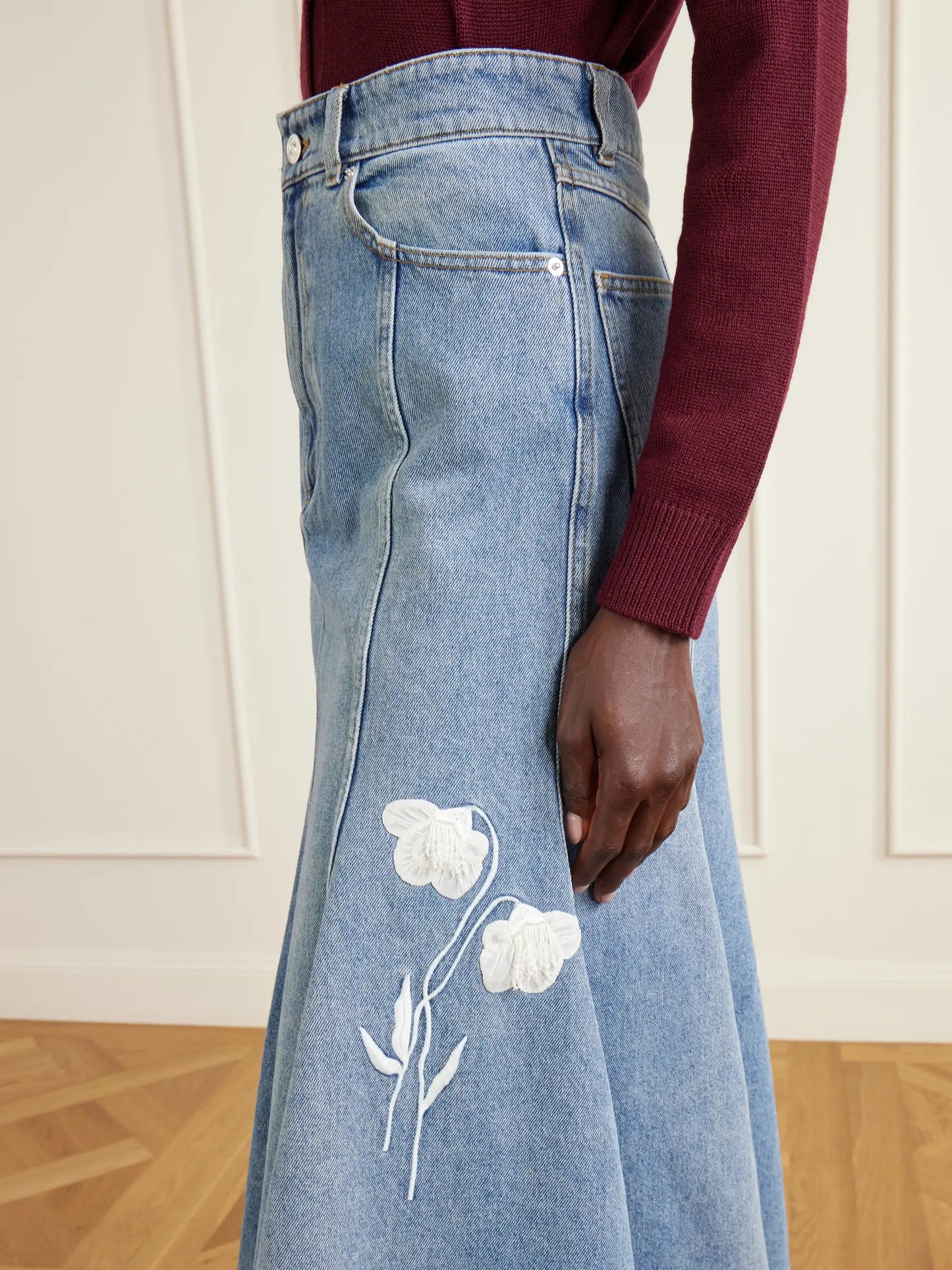 Embroidered Paneled Denim Midi Skirt