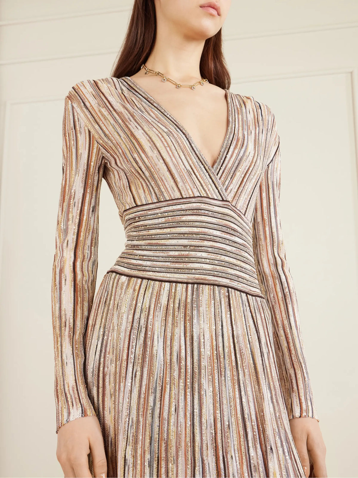 Sequin-embellished Striped Metallic Crochet-knit Midi Dress