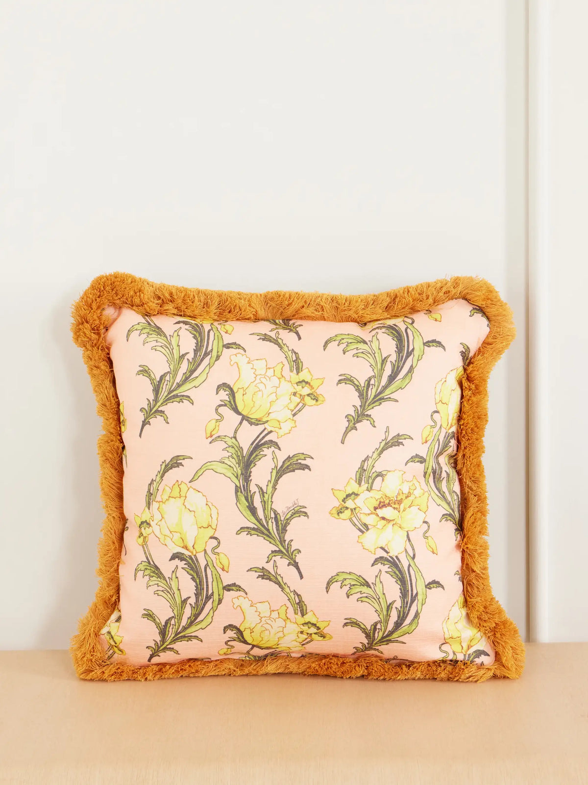 Floral-printed Fringed-trimmed Cushion