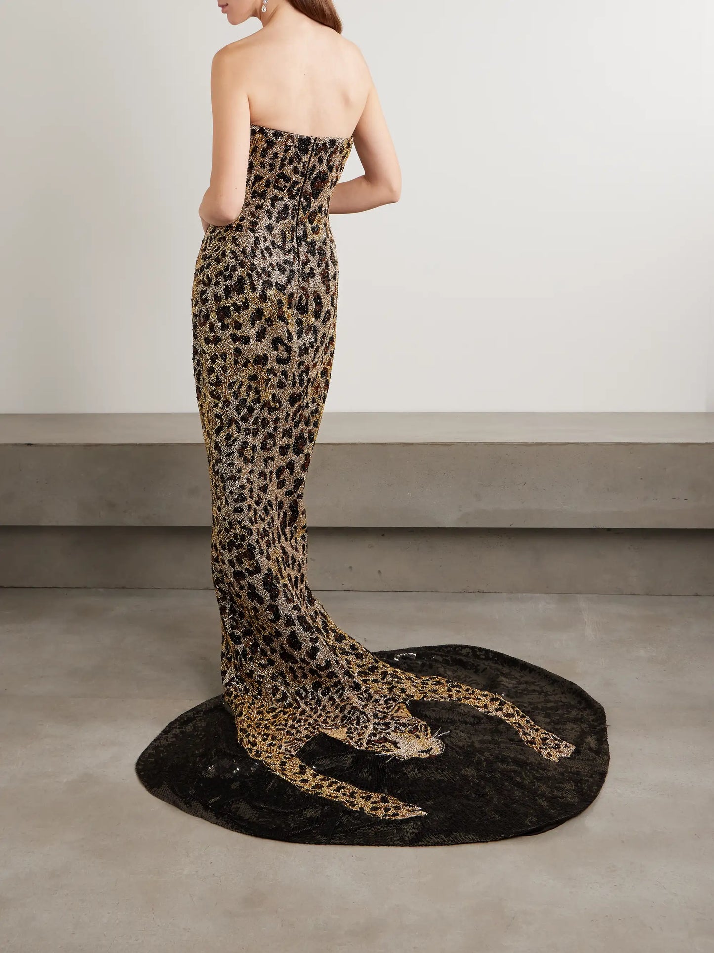 Naomi Strapless Embellished Leopard-print Satin Gown