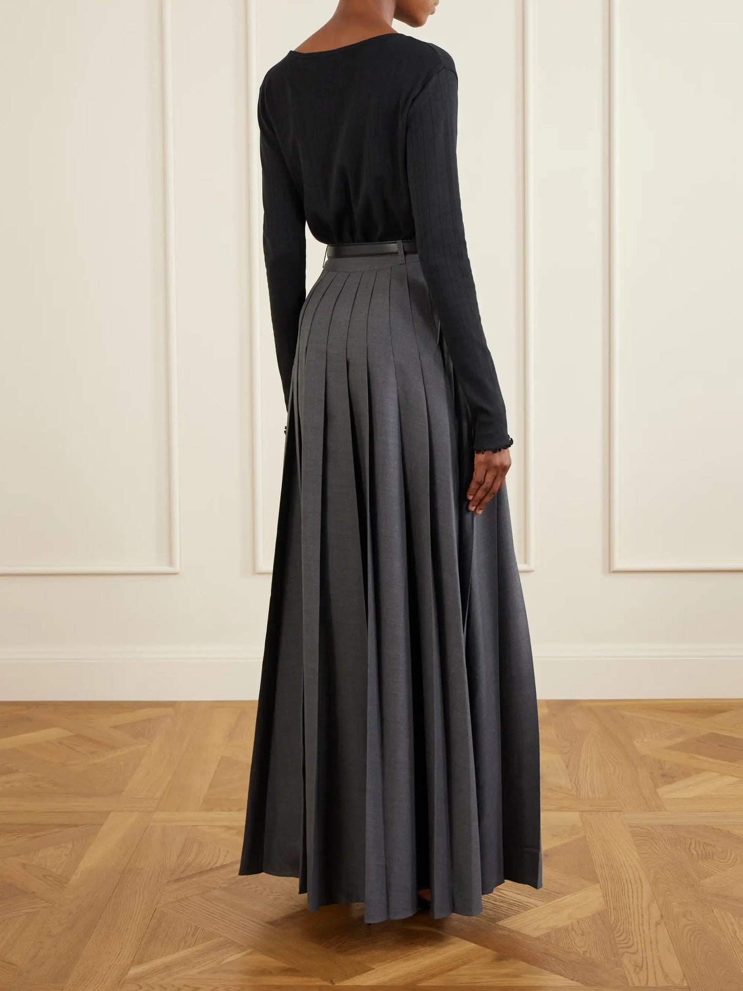 Belted Pleated Woven Grain De Poudre Maxi Skirt
