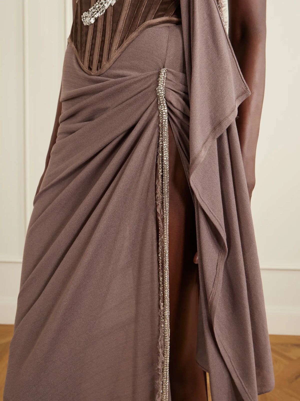 Embellished Draped Knitted Midi Skirt