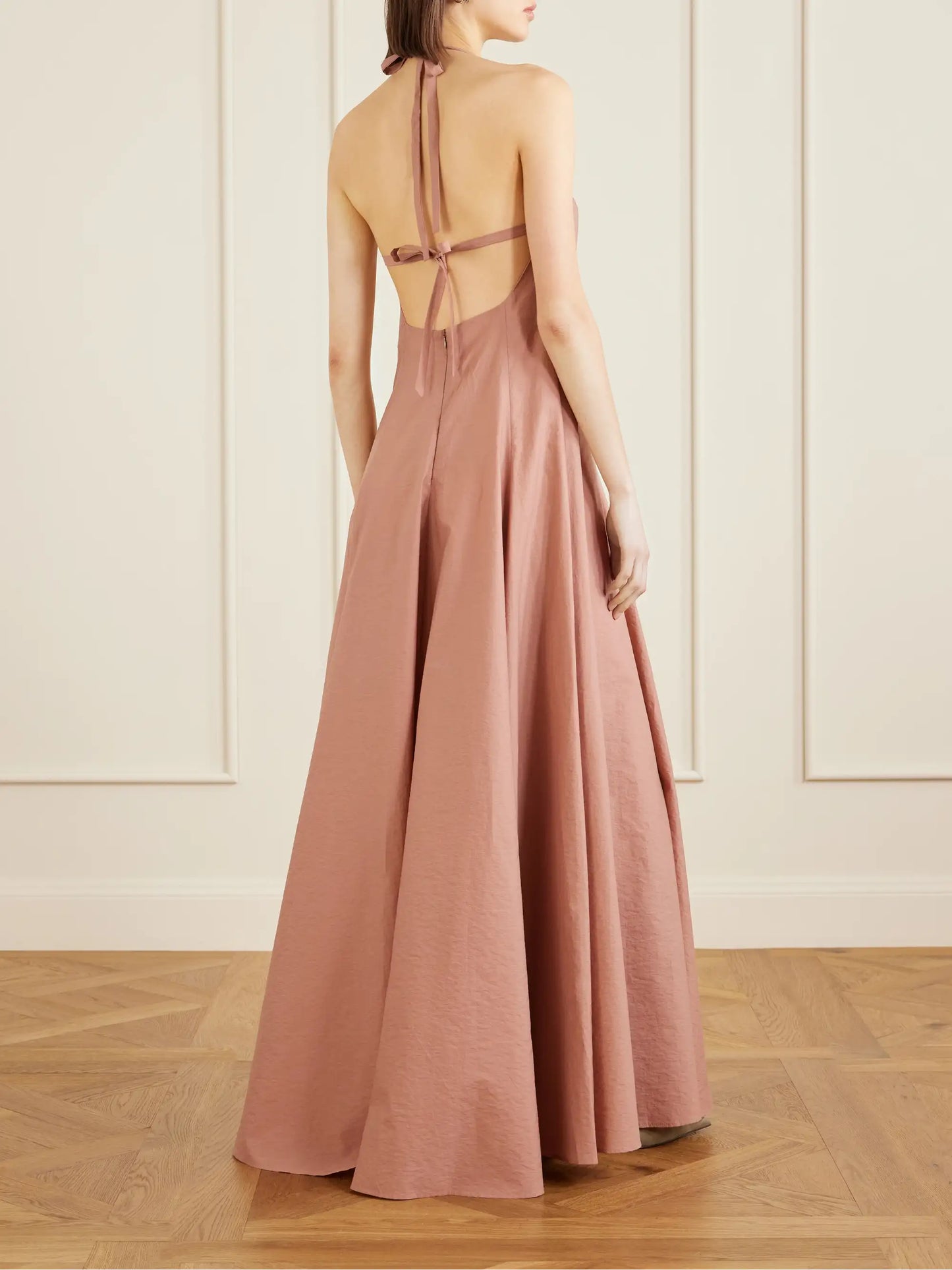 Pleated Cotton-blend Halterneck Maxi Dress
