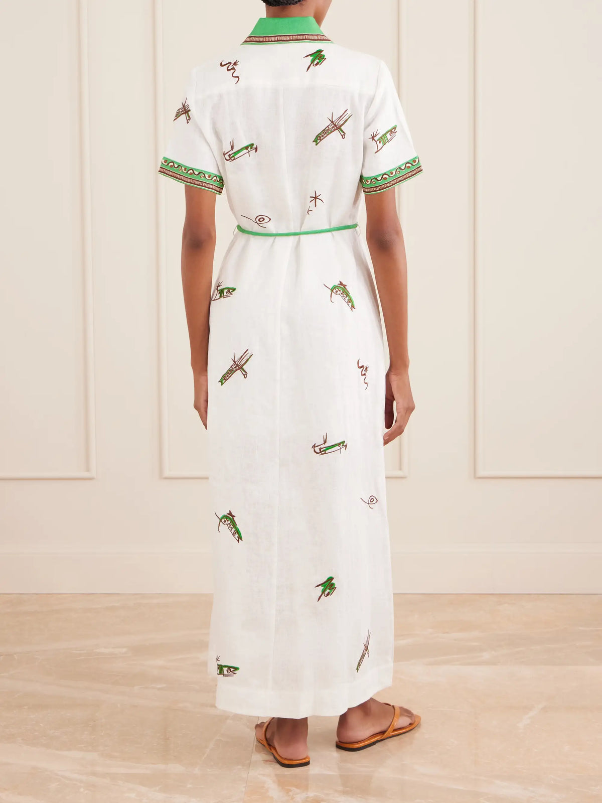 Wanda Belted Embroidered Linen Midi Shirt Dress