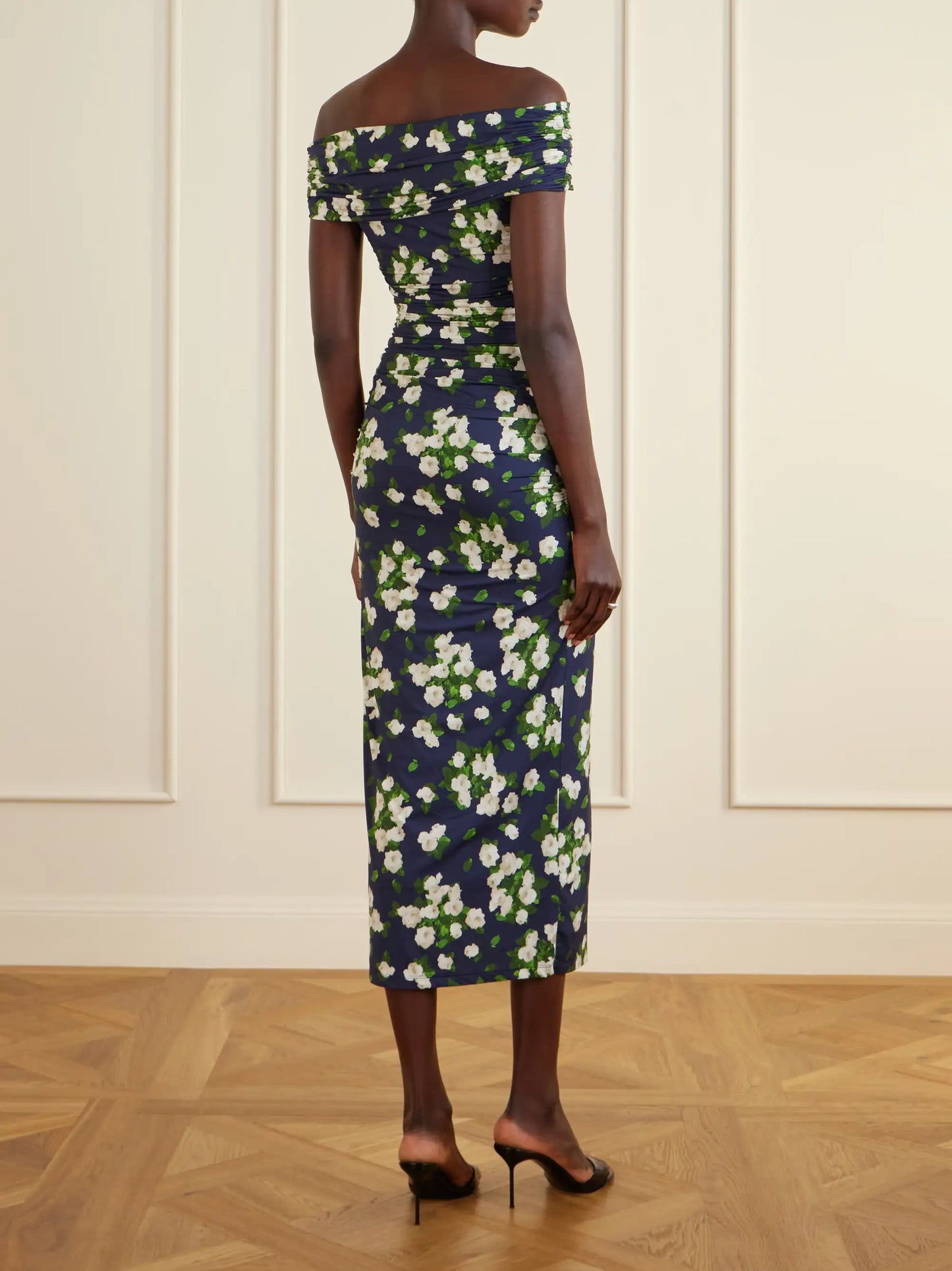 Floral-print Gathered Satin Midi Dress