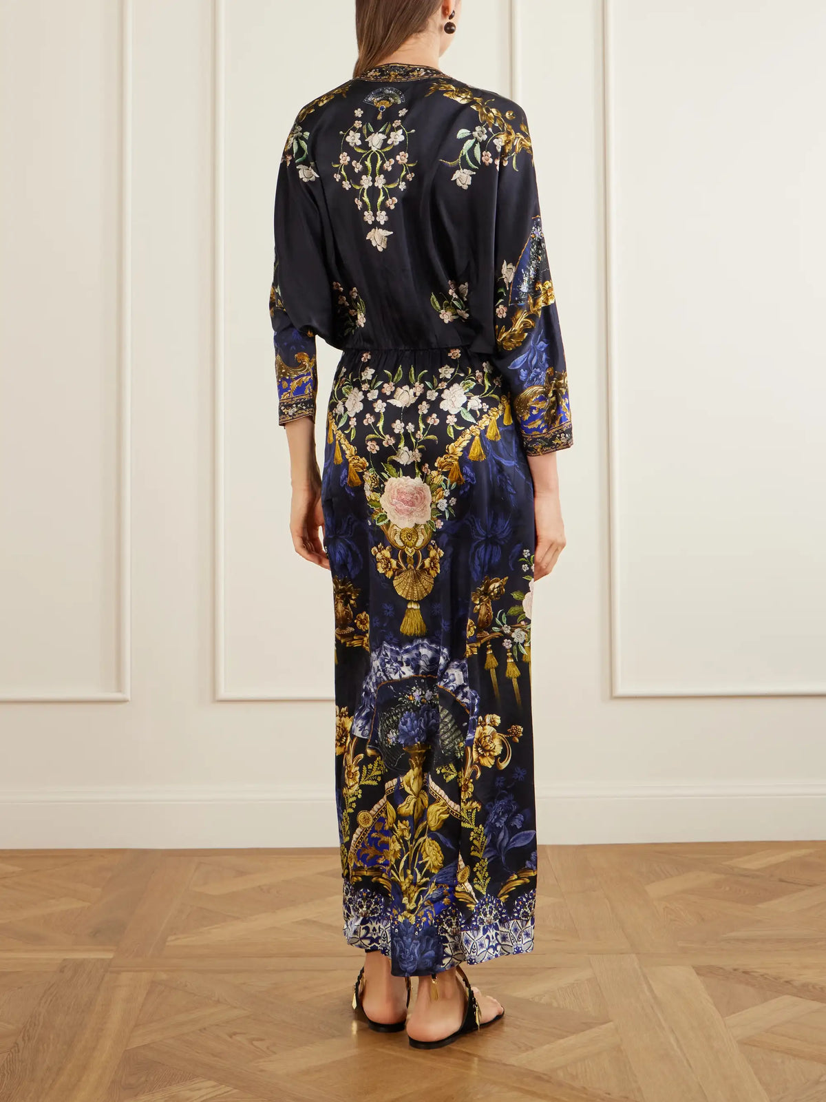 Gathered Embellished Printed Silk Maxi Dress