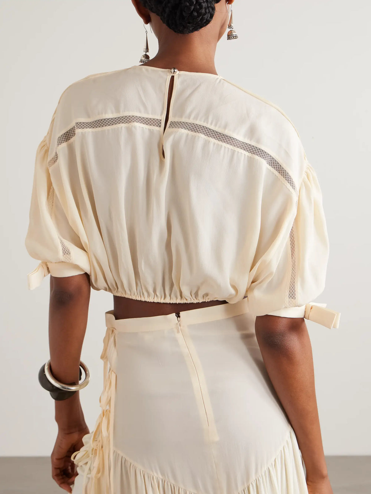 Cropped Bow-detailed Lace-trimmed Pleated Crepe Top
