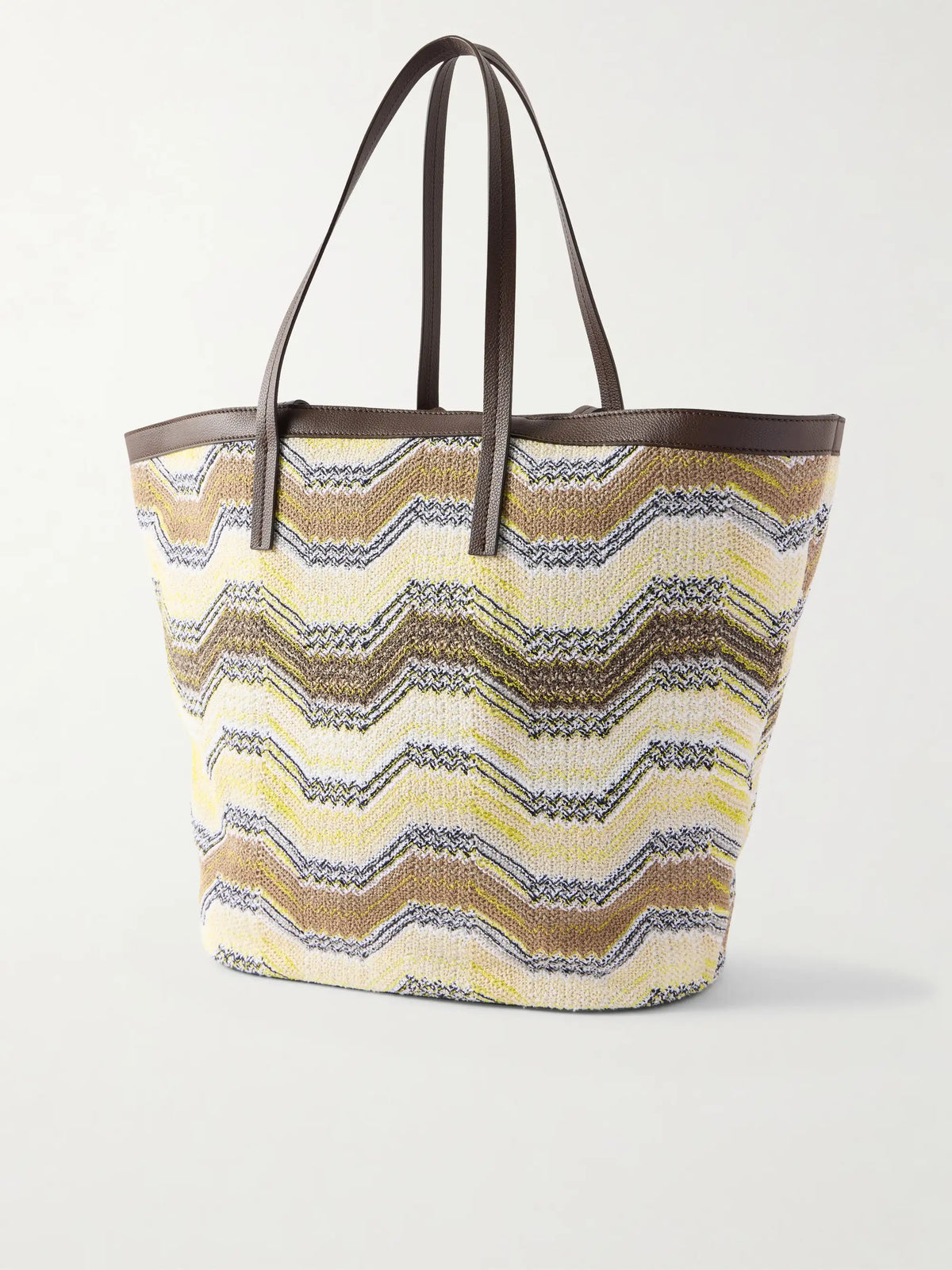 Leather-trimmed Striped Woven Tote
