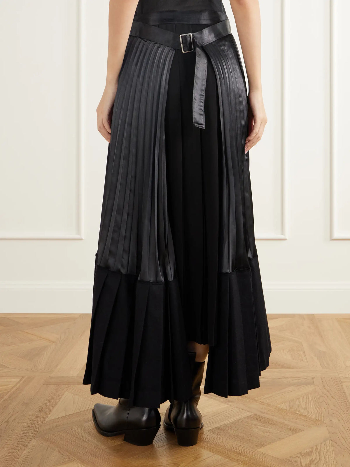 Junya Watanabe Layered Pleated Wool-blend Flannel And Satin Maxi Skirt
