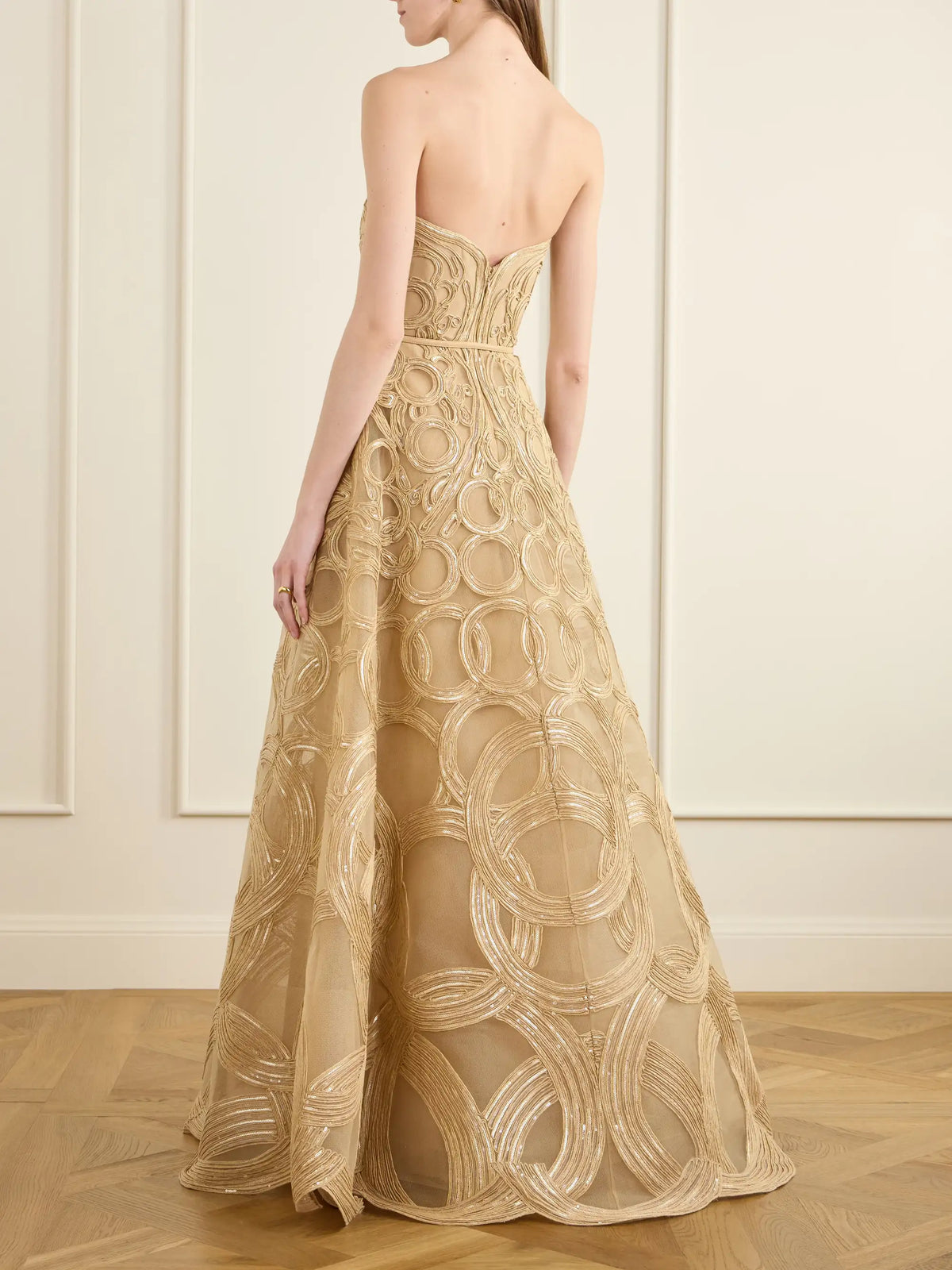 Strapless Sequin-embellished Raffia-trimmed Tulle Midi Dress