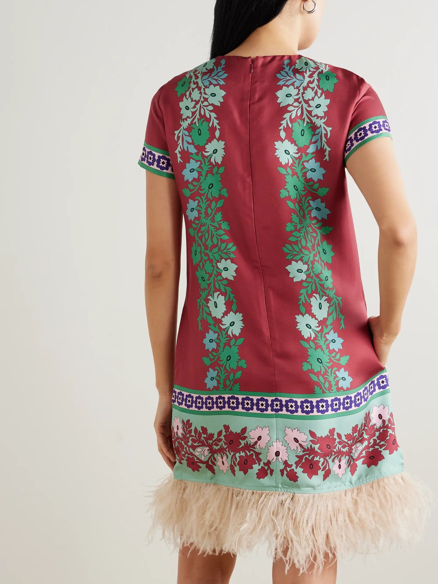 Swing Feather-trimmed Printed Silk-twill Mini Dress
