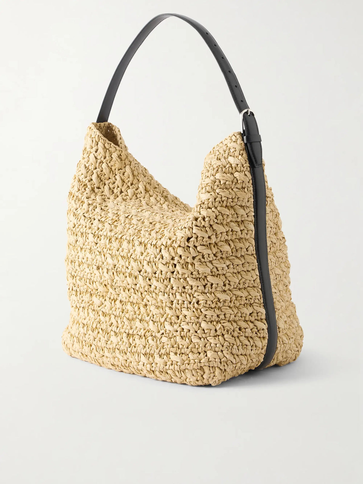 Leather-trimmed Raffia Shoulder Bag