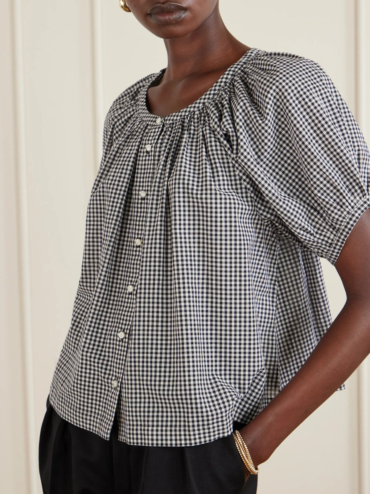 June Gathered Checked Cotton Blouse