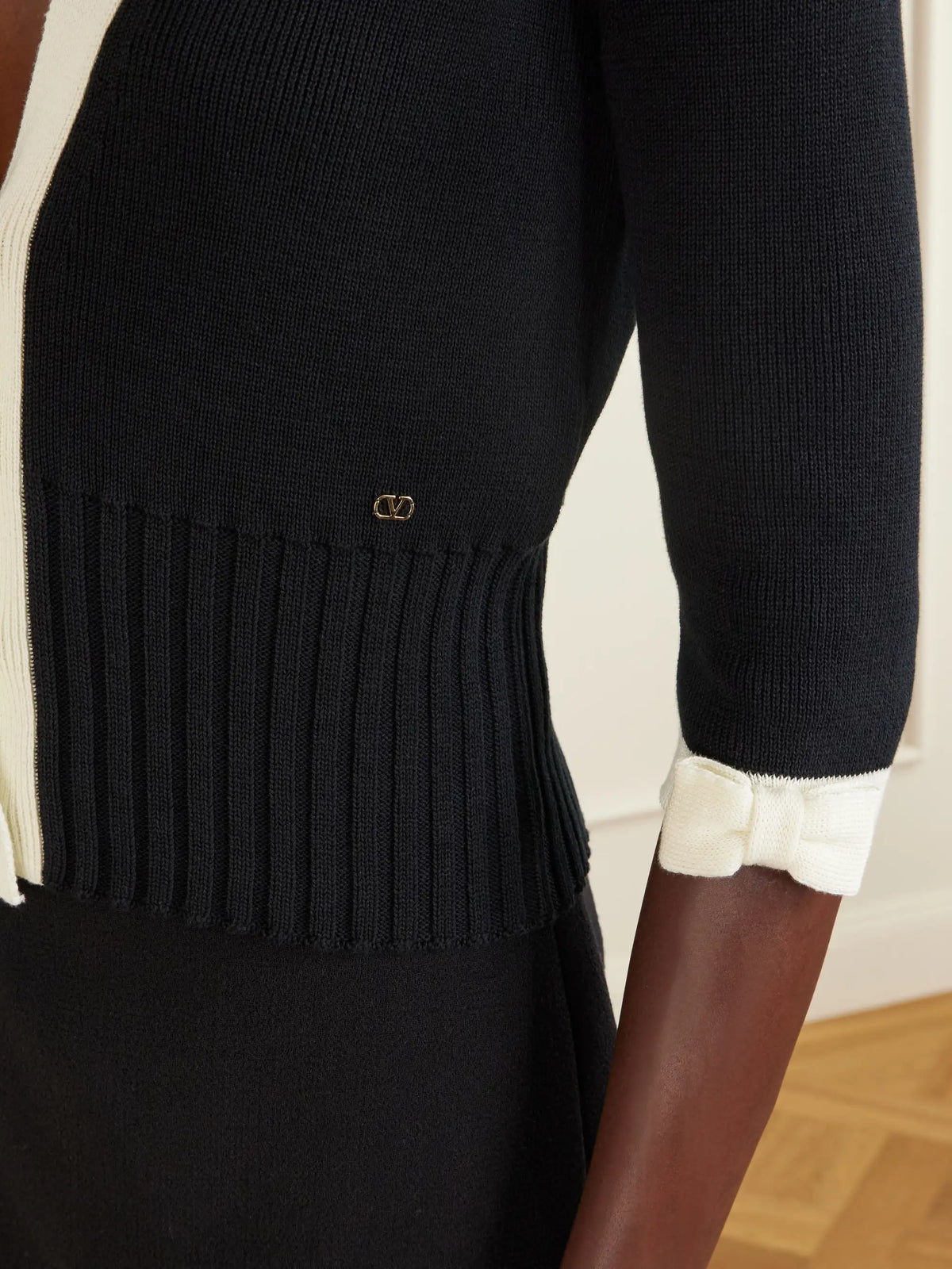 Cropped Bow-embellished Two-tone Ribbed-knit Cotton Cardigan
