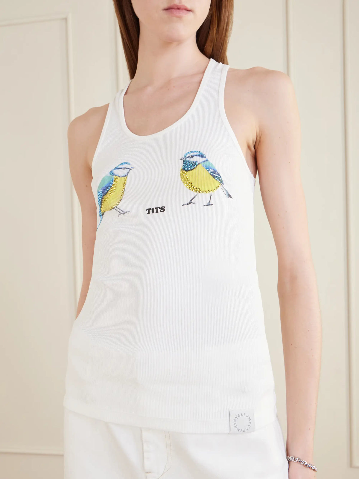 Stella McCartney Hot Fix Crystal-embellished Printed Ribbed Stretch-cotton Tank