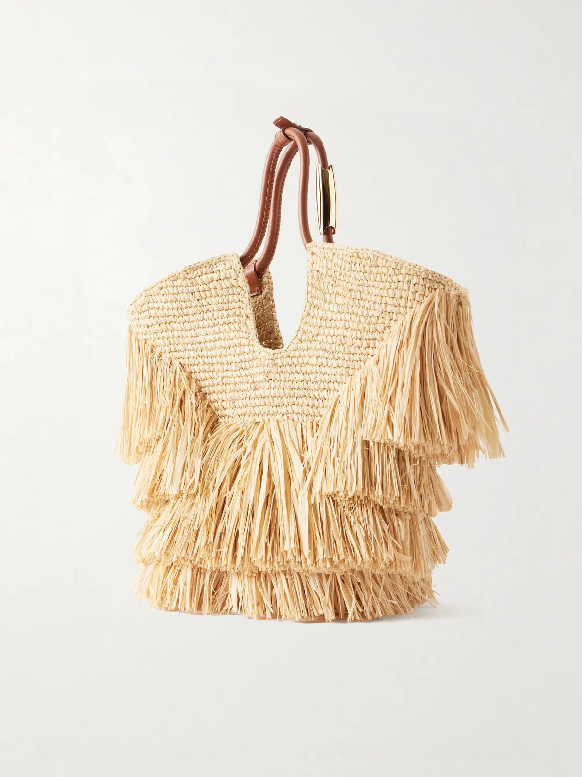 Goldentime Small Leather-trimmed Fringed Raffia Tote