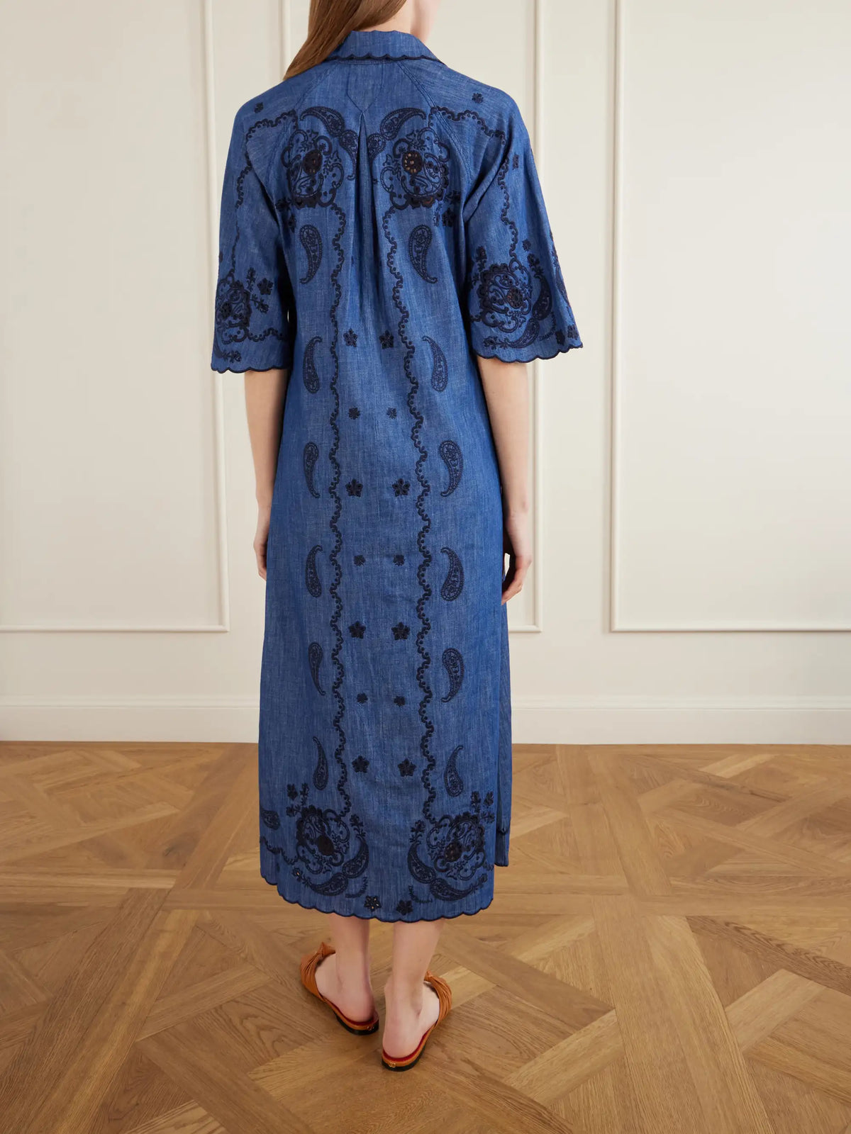 Aster Embroidered Denim Midi Dress