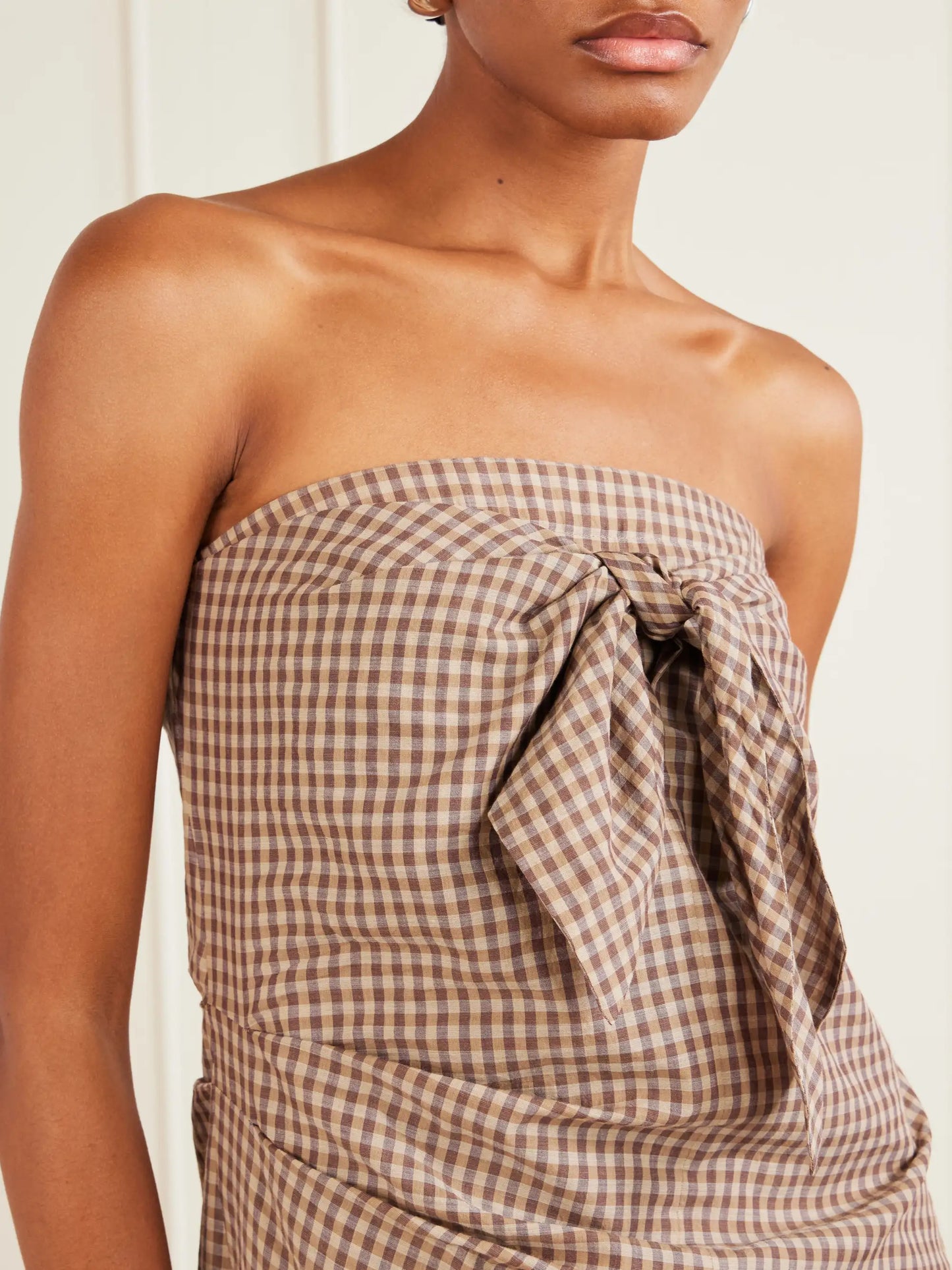 Sleeveless Knot-detailed Draped Checked Cotton Midi Dress