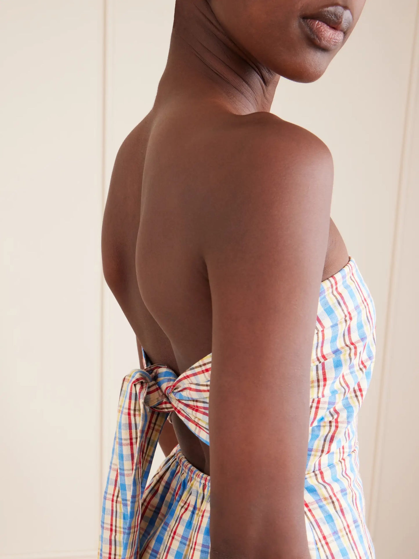 Isole Strapless Checked Cotton And Linen-blend Top