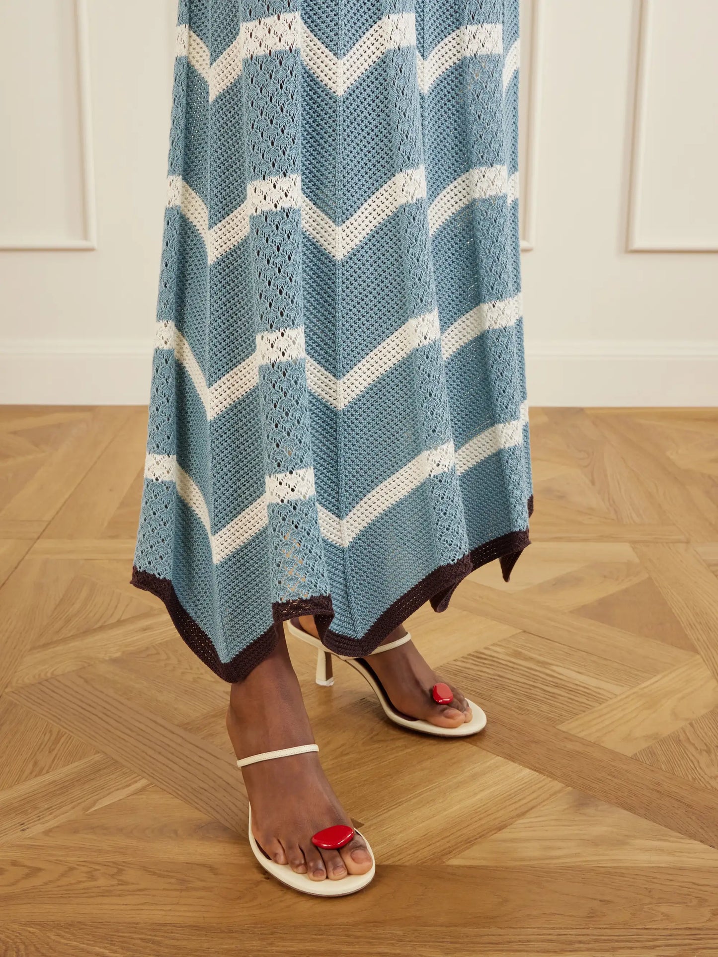 Chevron Scalloped Striped Pointelle-knit Cotton Maxi Skirt
