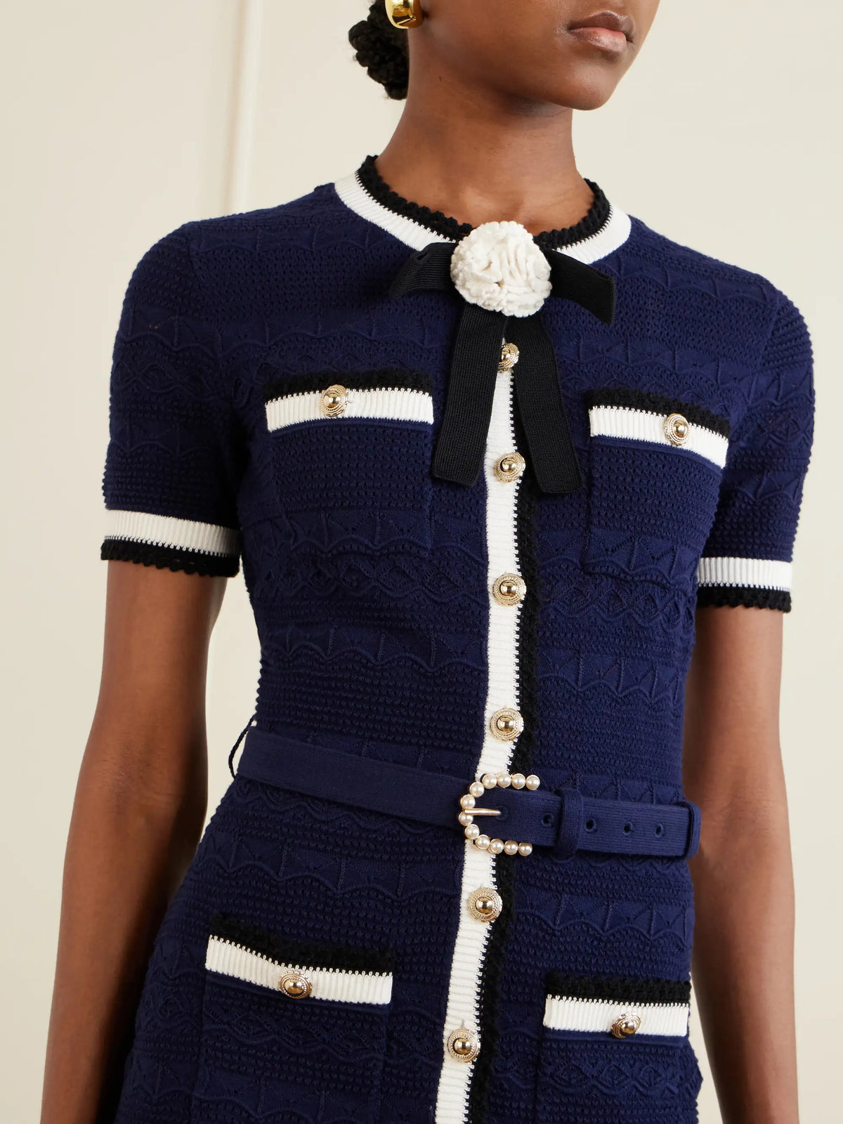 Self-Portrait Embellished Bow-detailed Pointelle-knit Cotton-blend Midi Dress