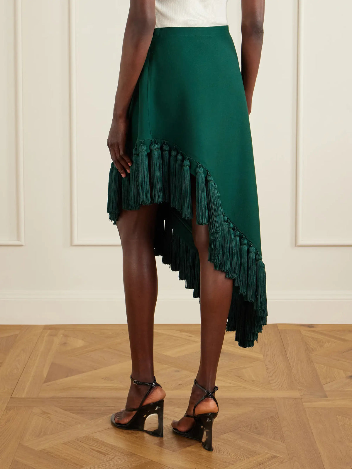 Tassle Fringed Asymmetric Wool-gabardine Midi Skirt