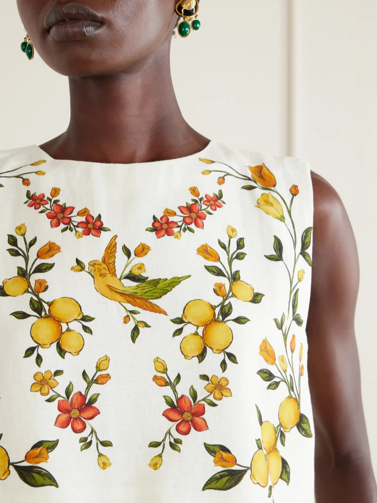 Farm Rio Lemon Bouquet Embroidered Linen-blend Blouse