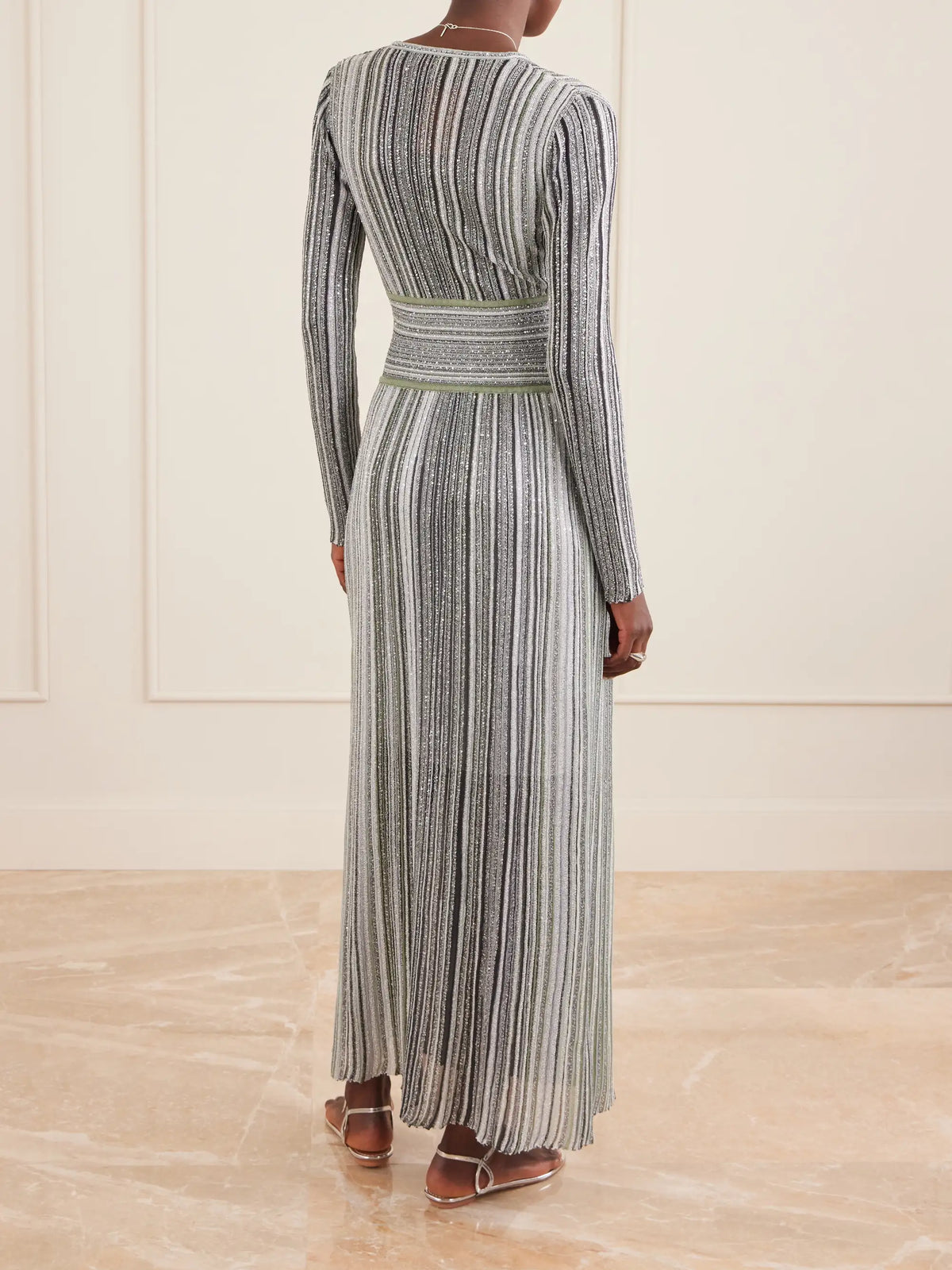 Striped Sequin-embellished Metalic Crochet-knit Maxi Dress