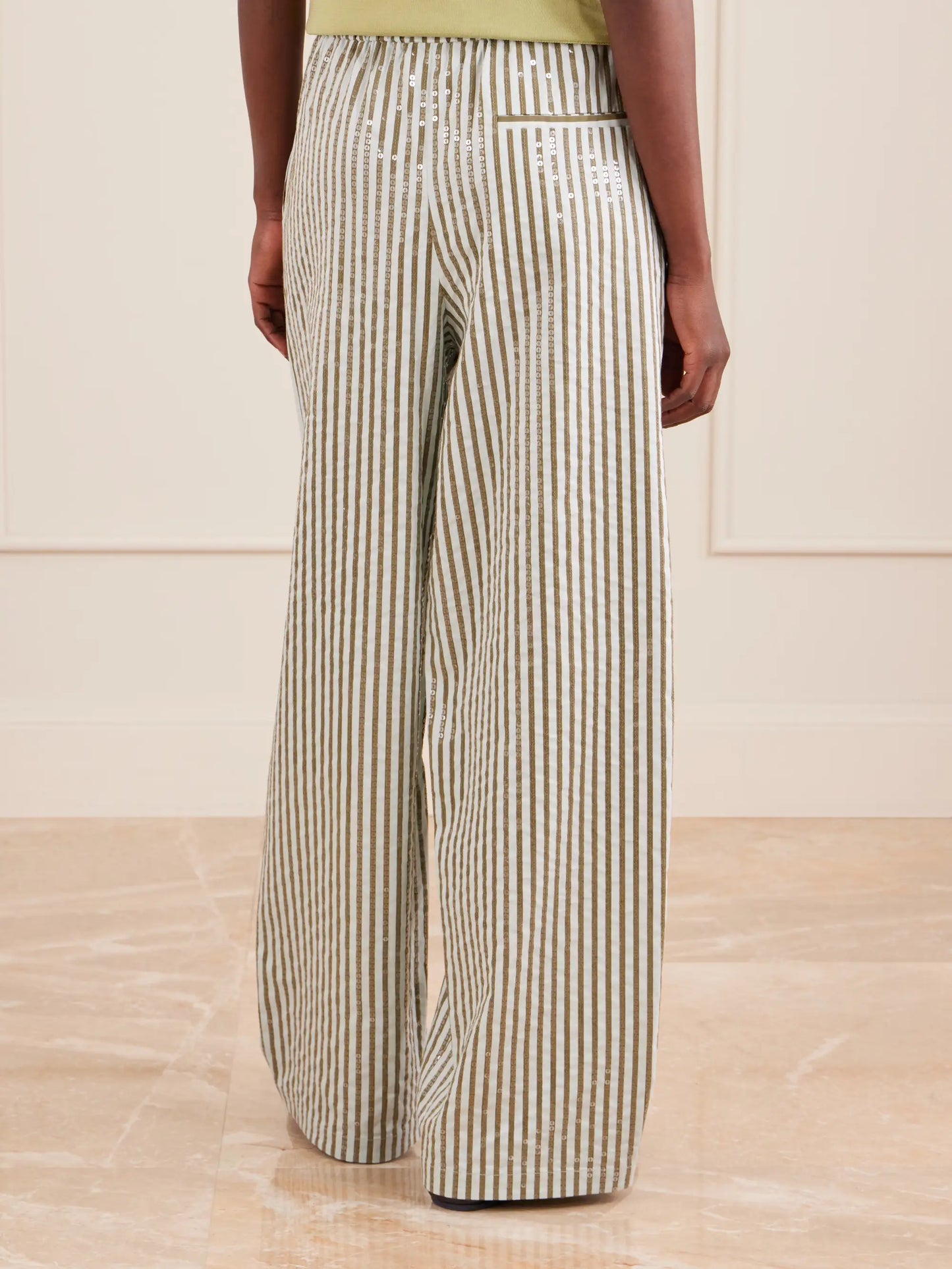 Pj Sequin-trimmed Striped Cotton-blend Wide-leg Drawstring Pants