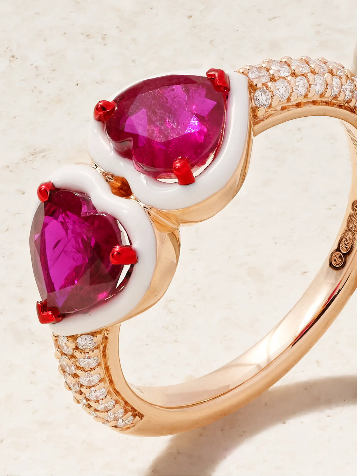 Twin Heart 18-karat Rose Gold, Ruby, Diamond And Enamel Ring