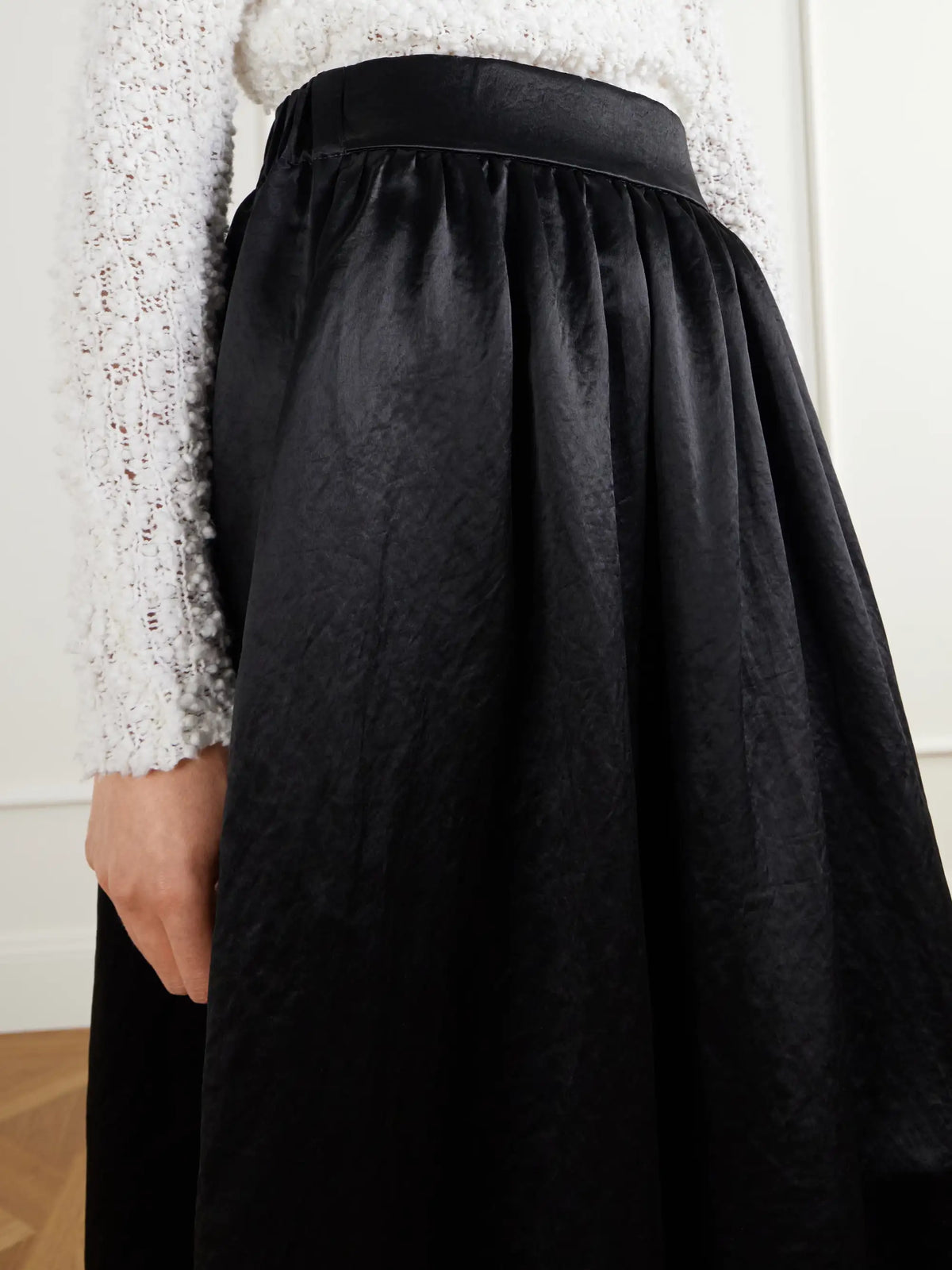 Maria McManus Gathered Lace-trimmed Crinkled Satin Midi Skirt