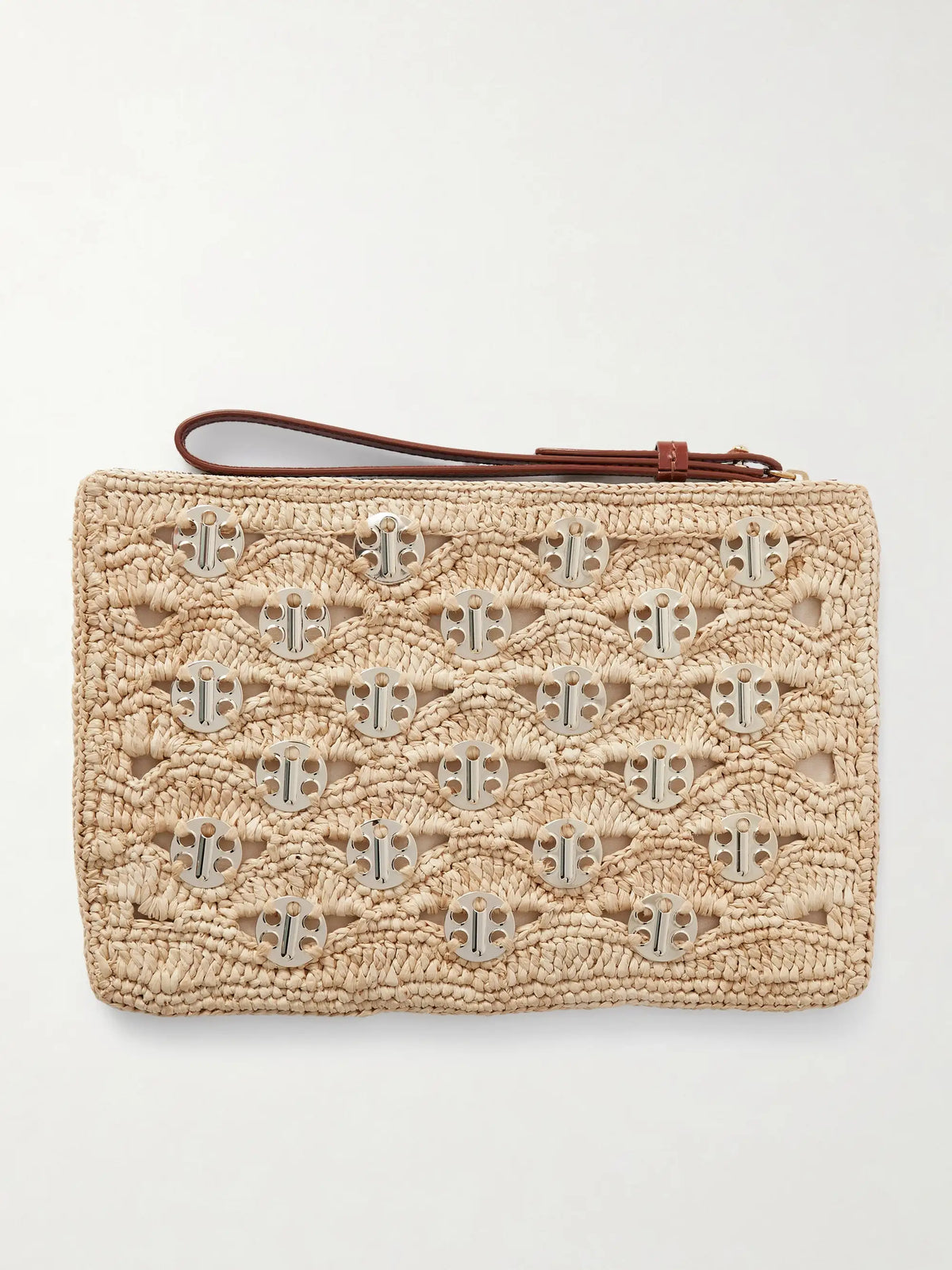Leather-trimmed Chainmail-embellished Raffia Pouch