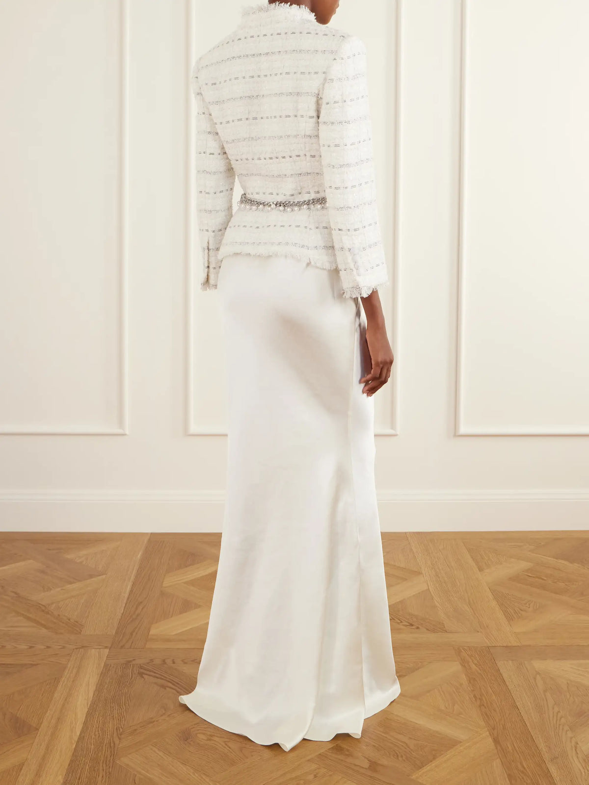 Self-Portrait Belted Satin And Bouclé Maxi Dress