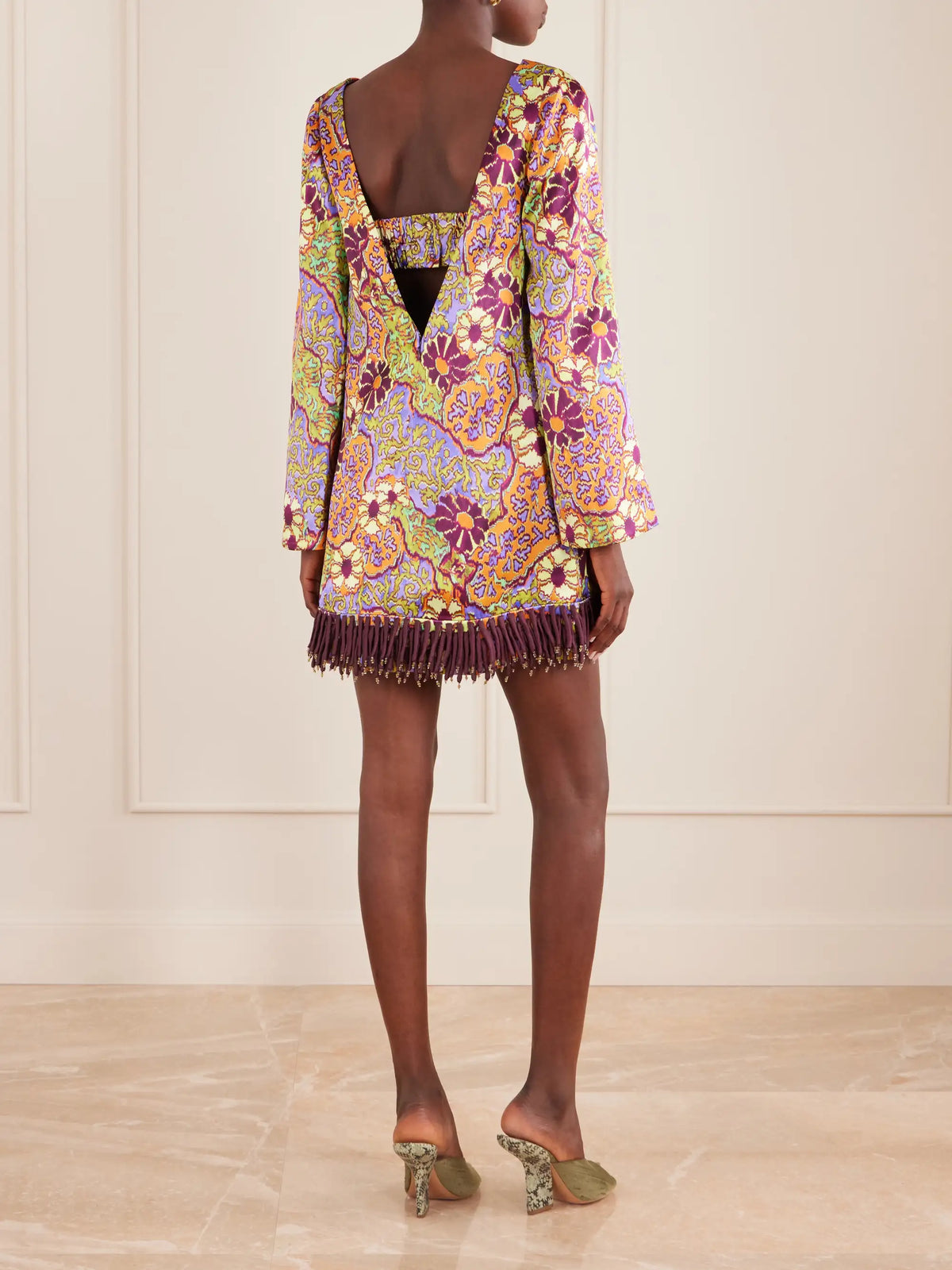 ALÉMAIS Floral-print Fringed Satin Mini Dress