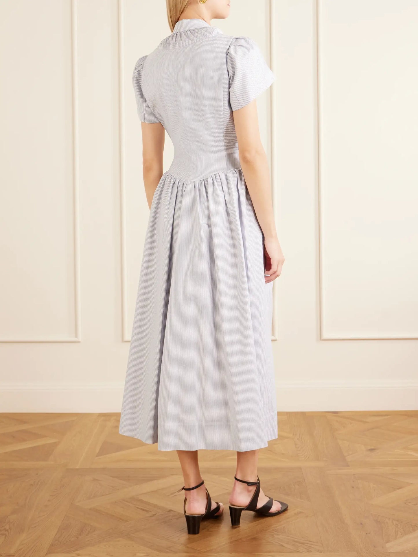 Pleated Striped Cotton Oxford Midi Dress