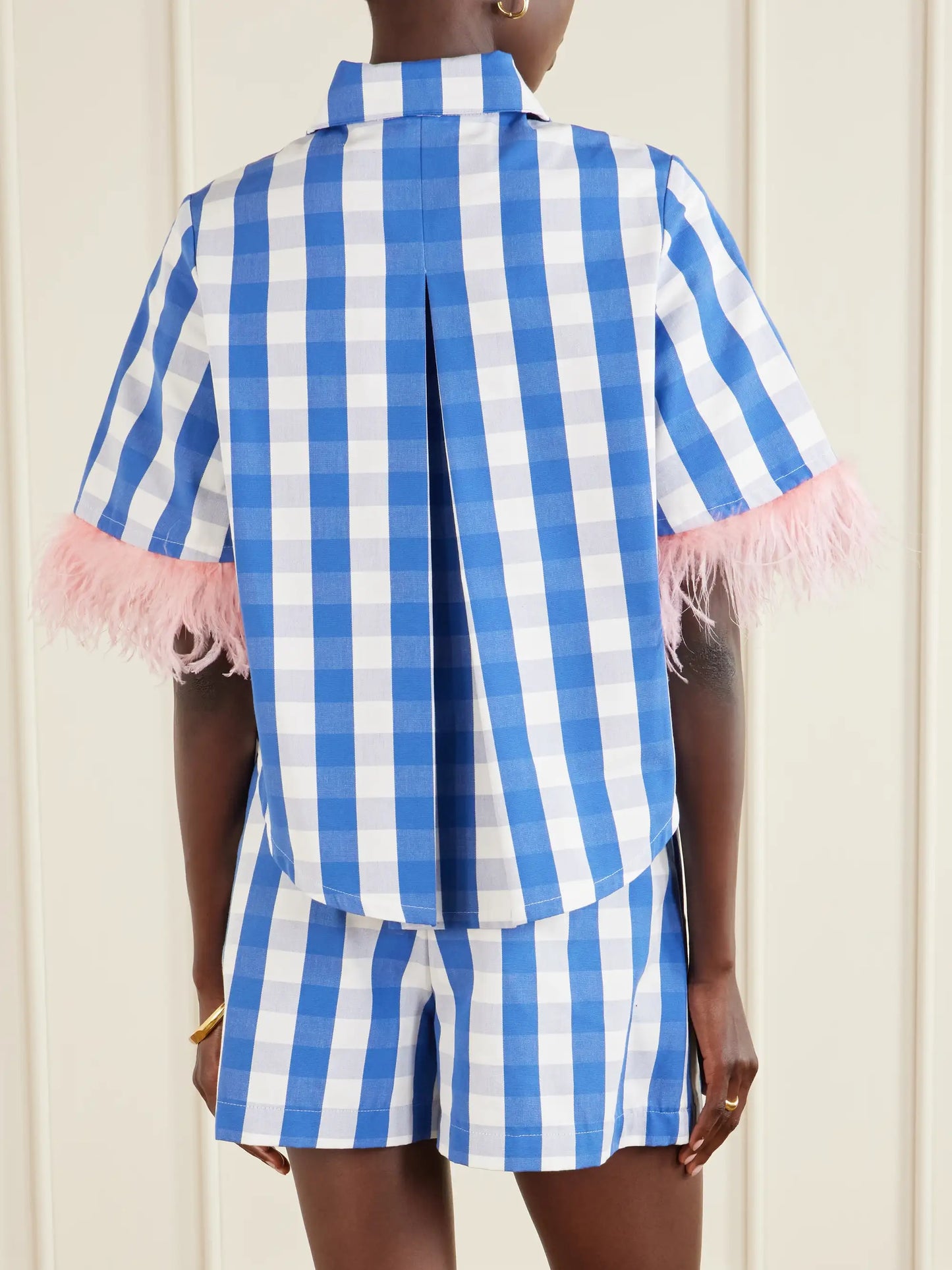 Picnic Cropped Checked Feather-trimmed Cotton-blend Blouse