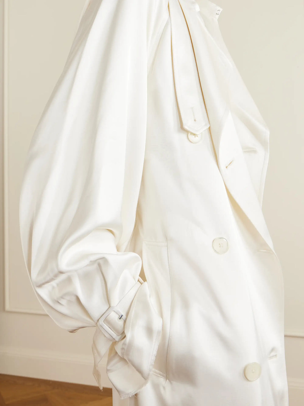 Double-breasted Draped Satin Trench Coat