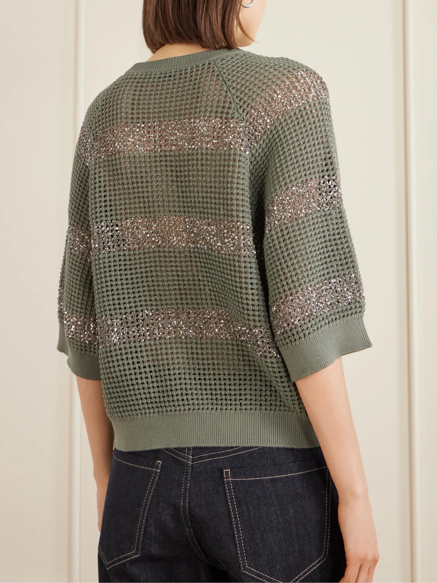 Sequin-embellished Striped Open-knit Cotton Sweater