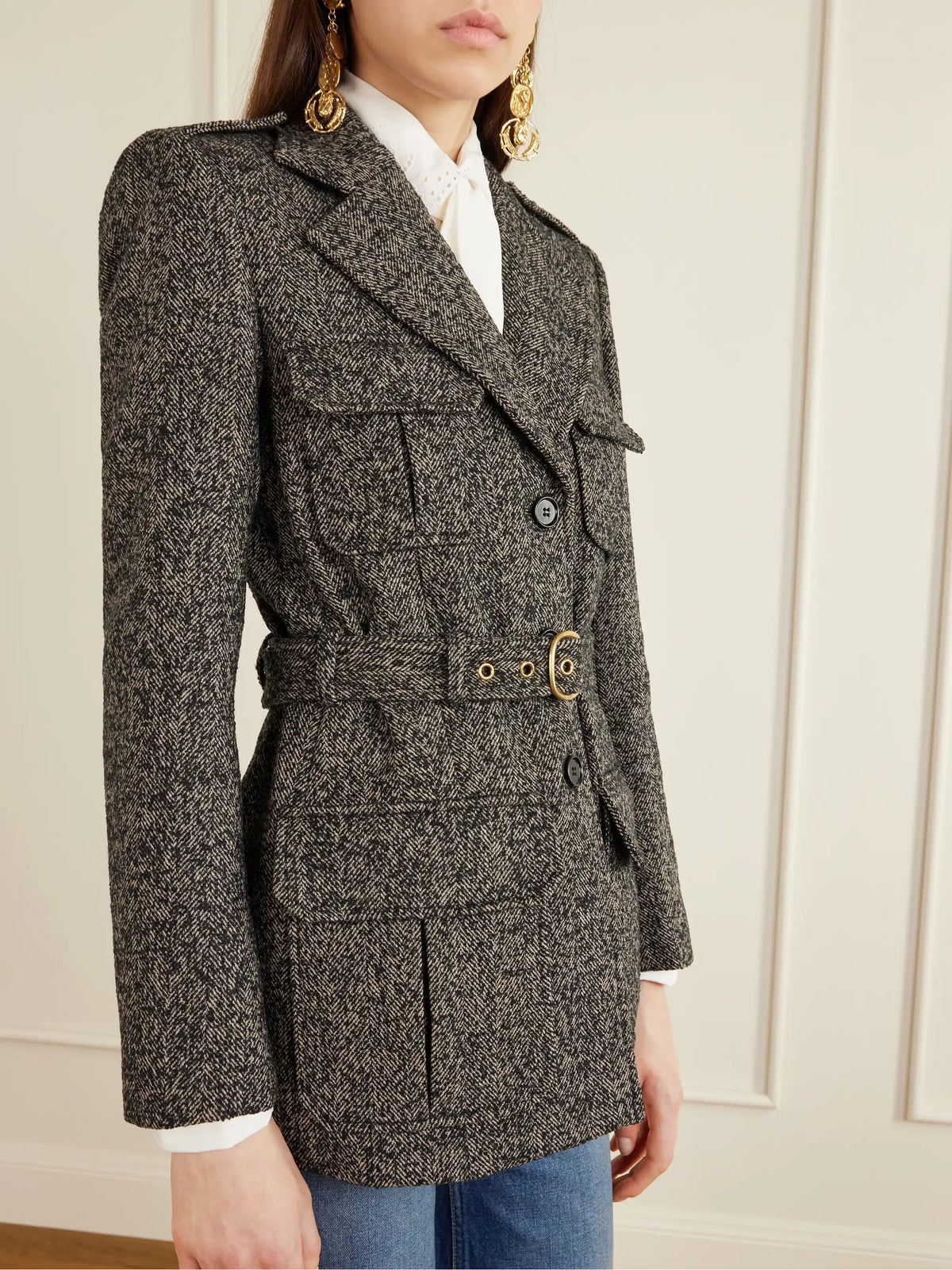 Belted Herringbone Wool-blend Jacket