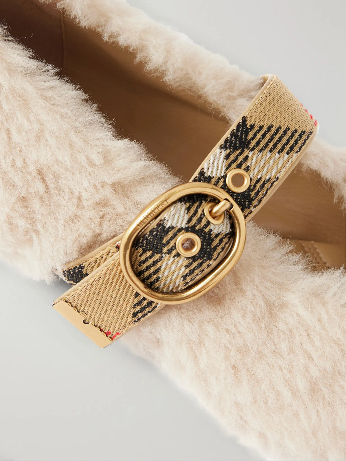 Burberry Buckle-detailed Check-trimmed Shearling Ballet Flats